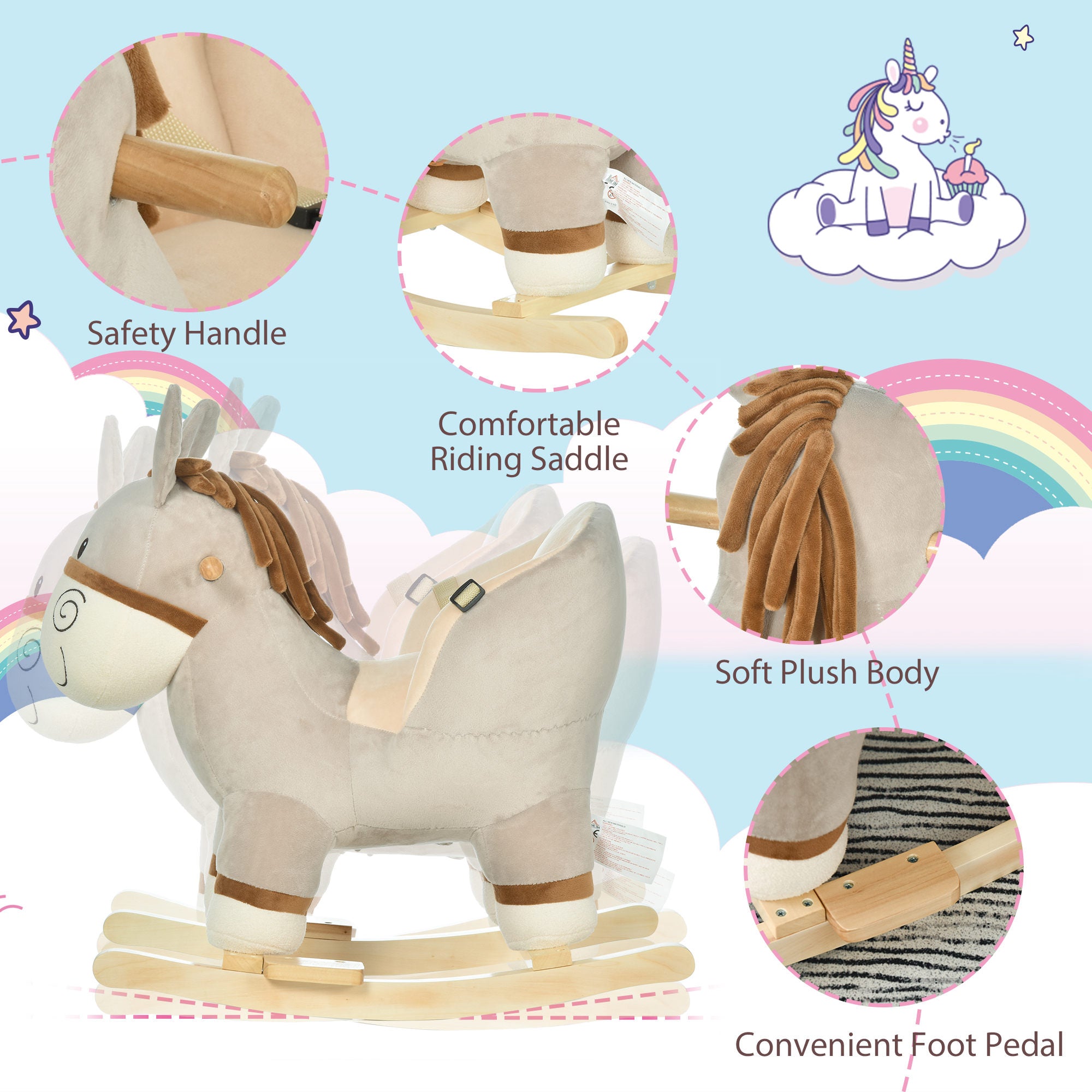 HOMCOM Kids Children Rocking Horse Plush Ride On Donkey Seat w/ Sound Wood Base Seat Safety Belt Toddler Baby Toy Rocker Grey 18 - 36 Months - North Peak Garden Furniture