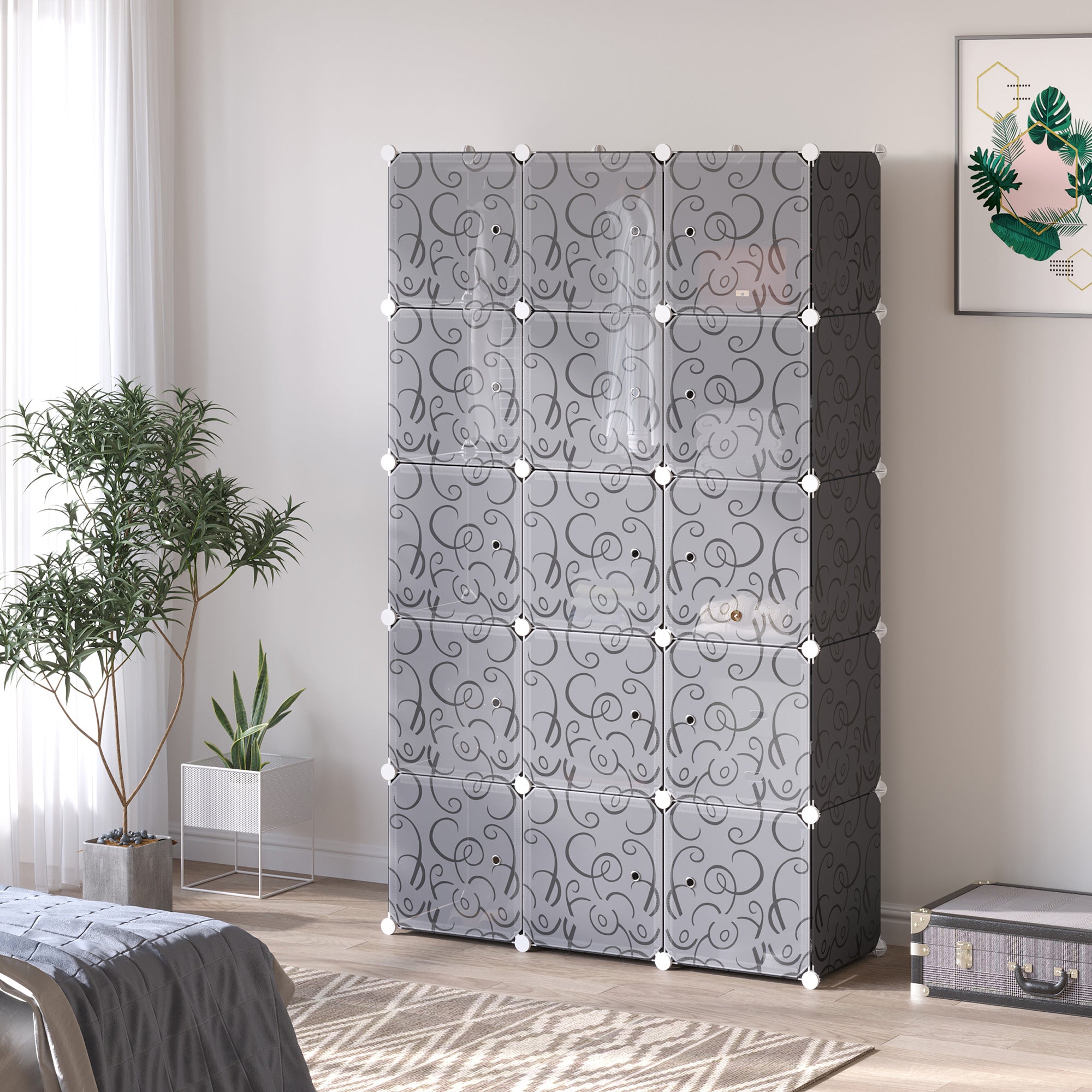 HOMCOM Portable Wardrobe for Bedroom, 15 Cube Closet with Hanging Rail, Modular Storage Cabinet, Plastic Armoire for Space Saving, White and Black - North Peak Garden Furniture