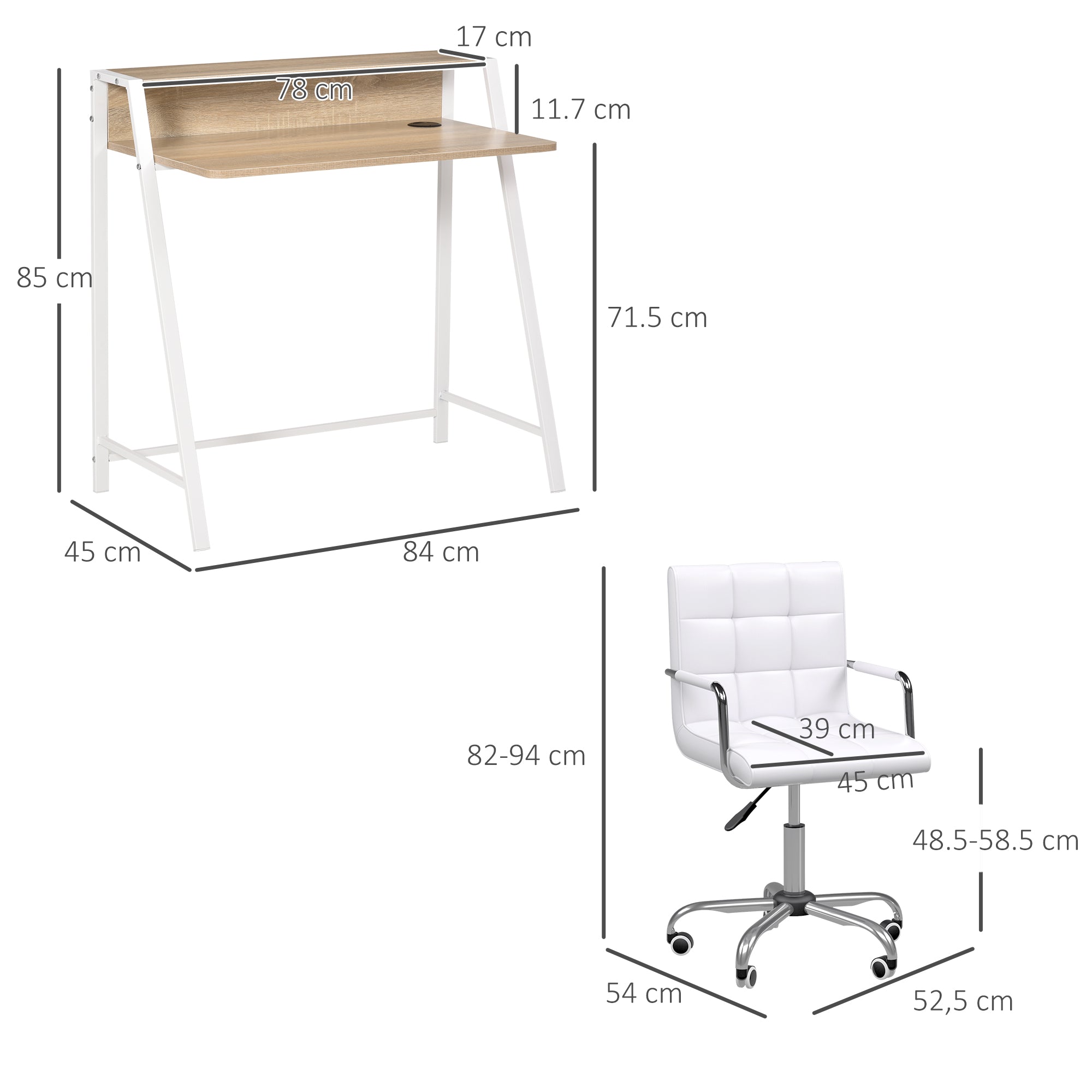 HOMCOM Home Office Chair and Computer Desk Set, Faux Leather Desk Chair with Swivel Wheels, Study Desk with Storage Shelf, White - North Peak Garden Furniture