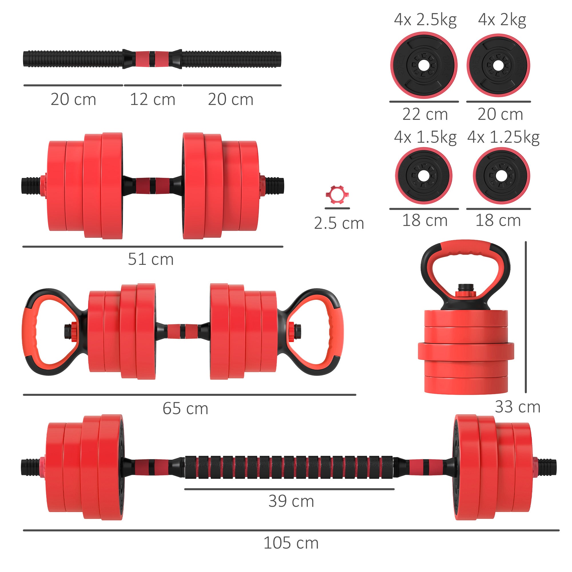 SPORTNOW 30kg Four-In-One Adjustable Weight Dumbbells Set, Barbell, Kettlebell, Push Up Stand - Red - North Peak Garden Furniture