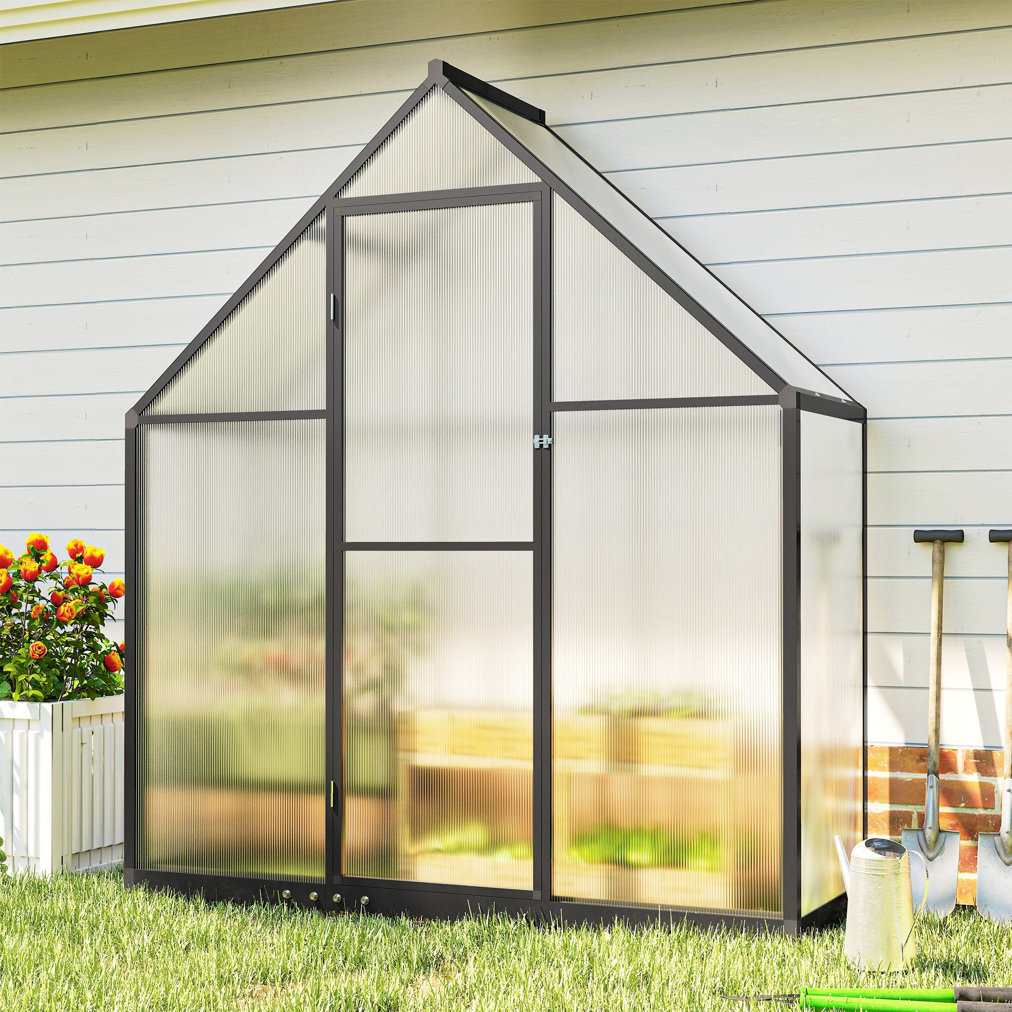Outsunny 5.5 x 2ft Polycarbonate Greenhouse, Quick Setup Walk in Green House, Push Door, Adjustable Roof Vent, Rain Gutter, Black