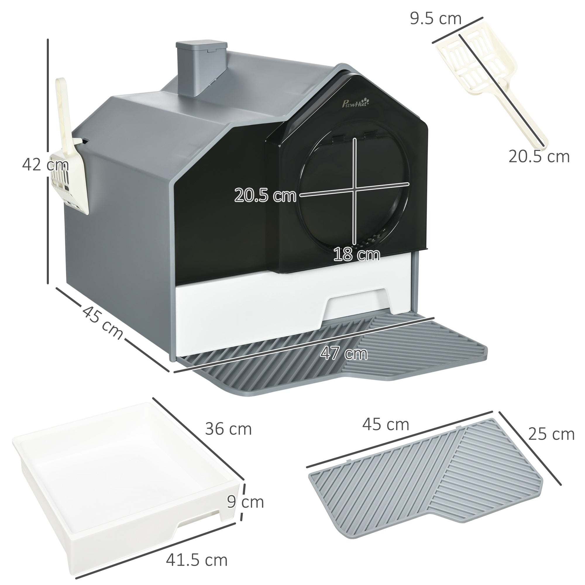 PawHut Hooded Cat Litter Tray with Scoop, Cat Litter Box with Drawer Pan, Handle, Deodorants, Hut Design, Front Entrance, 47 x 45 x 42cm - Grey - North Peak Garden Furniture