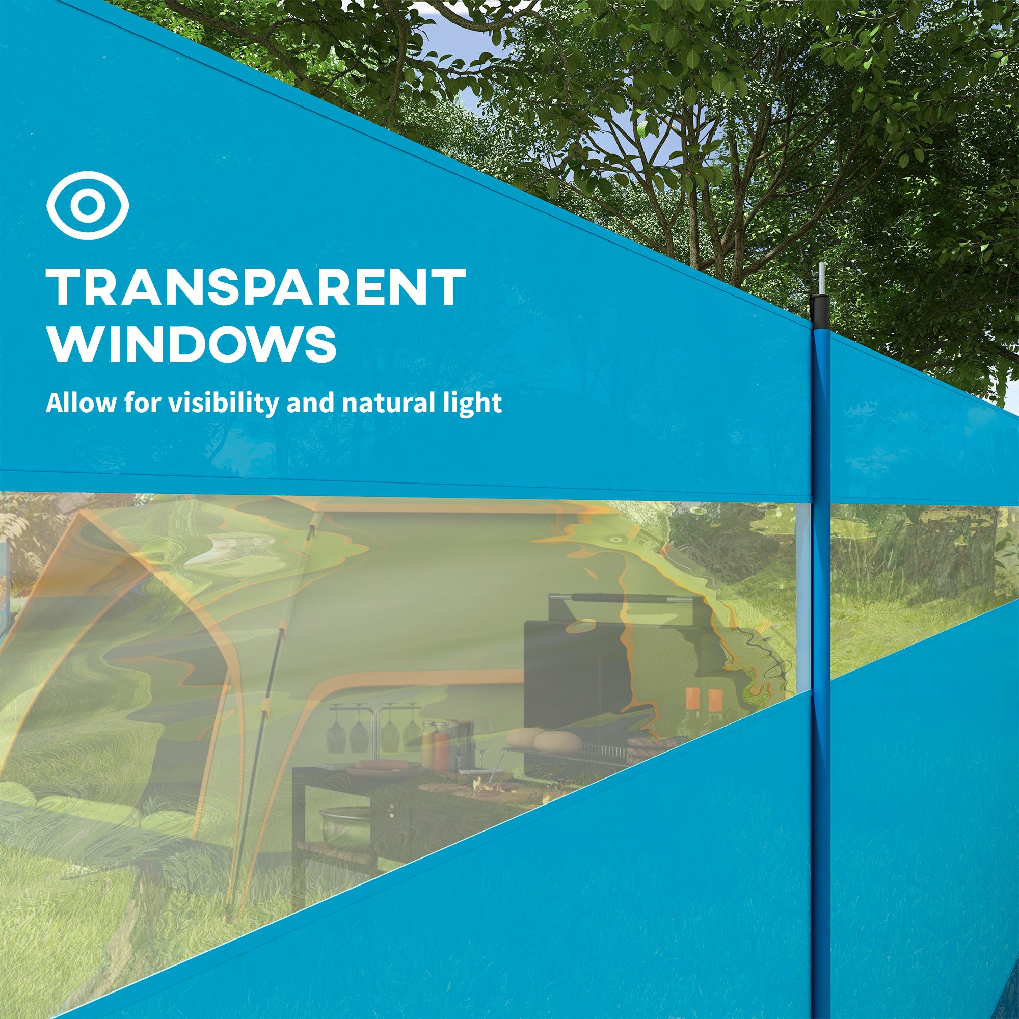 Outsunny Camping Windbreaker with Clear Windows, Carry Bag and Steel Poles, for Beach Caravan Campervan, 725 x 140cm, Blue - North Peak Garden Furniture