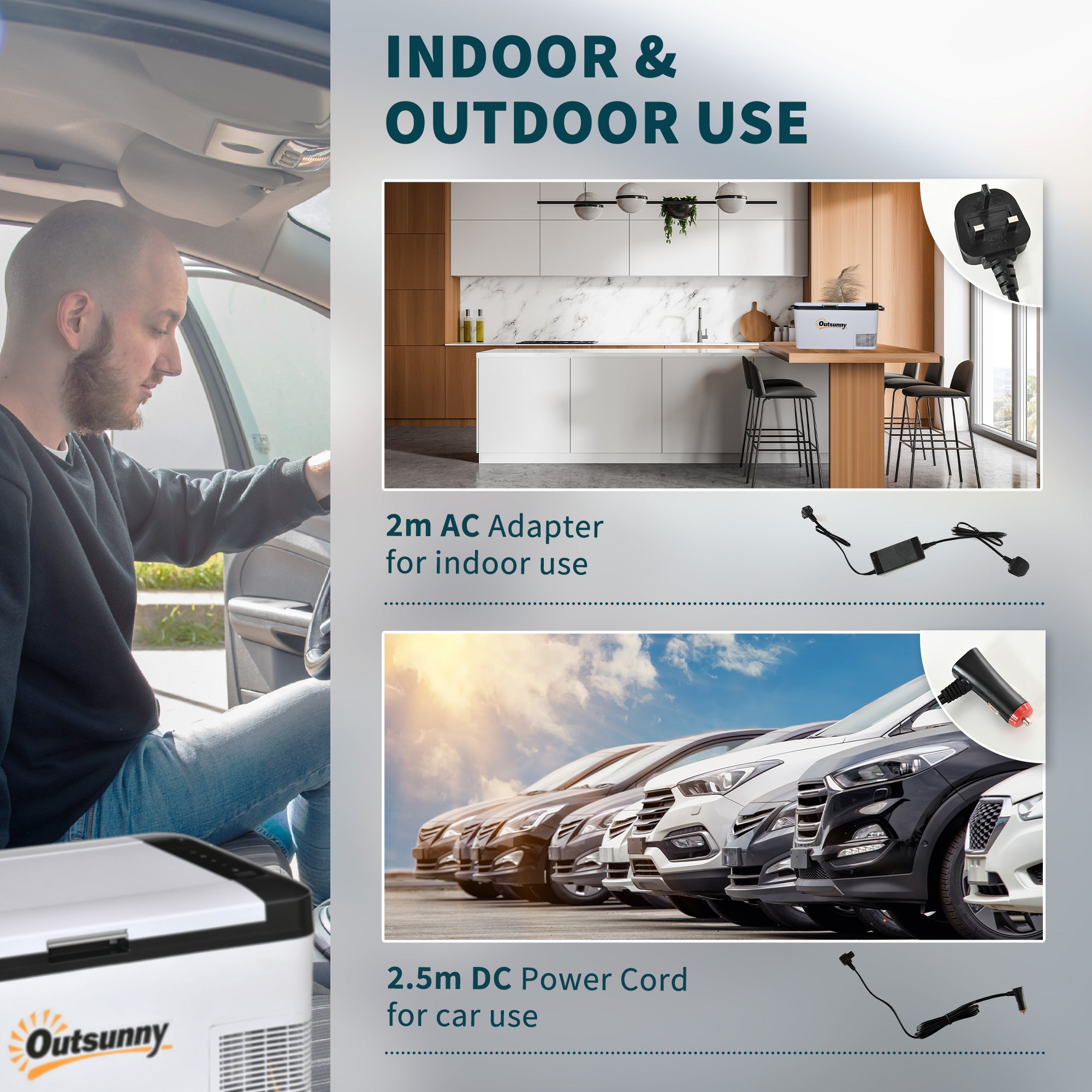Outsunny 12V Car Refrigerator w/ LED Light & Foldable Handles, 25L Portable Compressor Cooler, Fridge Freezer with 12/24V DC and 110-240V AC for Campervan RV Boat Travel