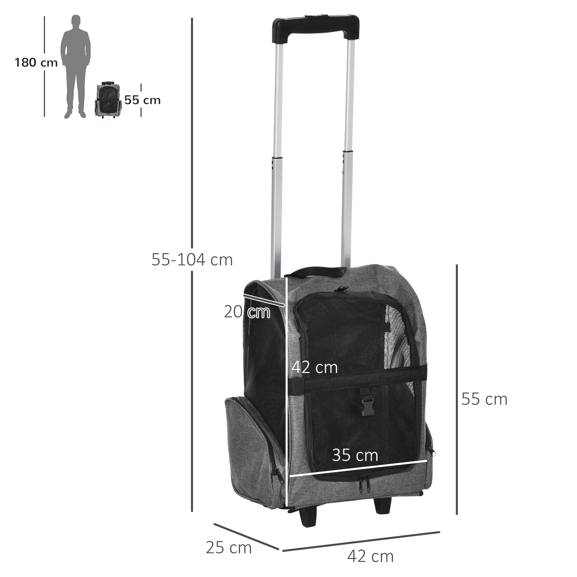PawHut Pet Travel Backpack Bag Cat Puppy Dog Carrier w/ Trolley and Telescopic Handle Portable Stroller Wheel Luggage Bag (Grey) - North Peak Garden Furniture