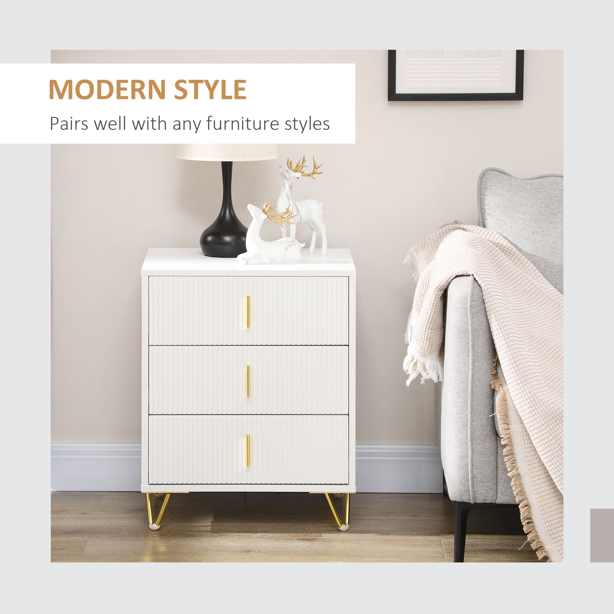 HOMCOM Elegant Chest of Three Drawers - White/Gold-Tone - North Peak Garden Furniture