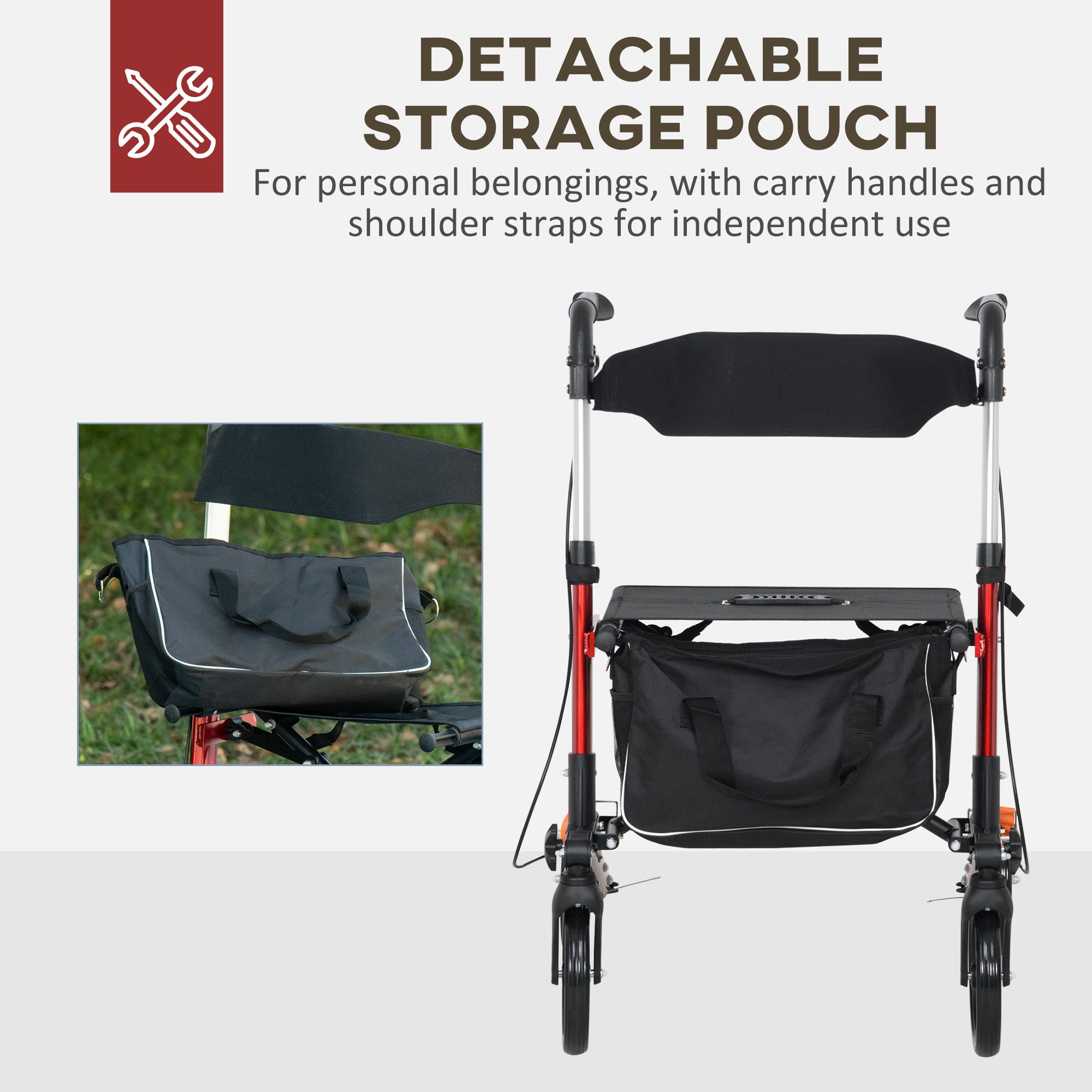 HOMCOM Folding Rollator Walker with Seat and Backrest, Lightweight Walking Frame with Detachable Storage Bag, Dual Brakes, Adjustable Handle Height, 4 Wheeled Walker for Seniors, Handicapped, Red - North Peak Garden Furniture