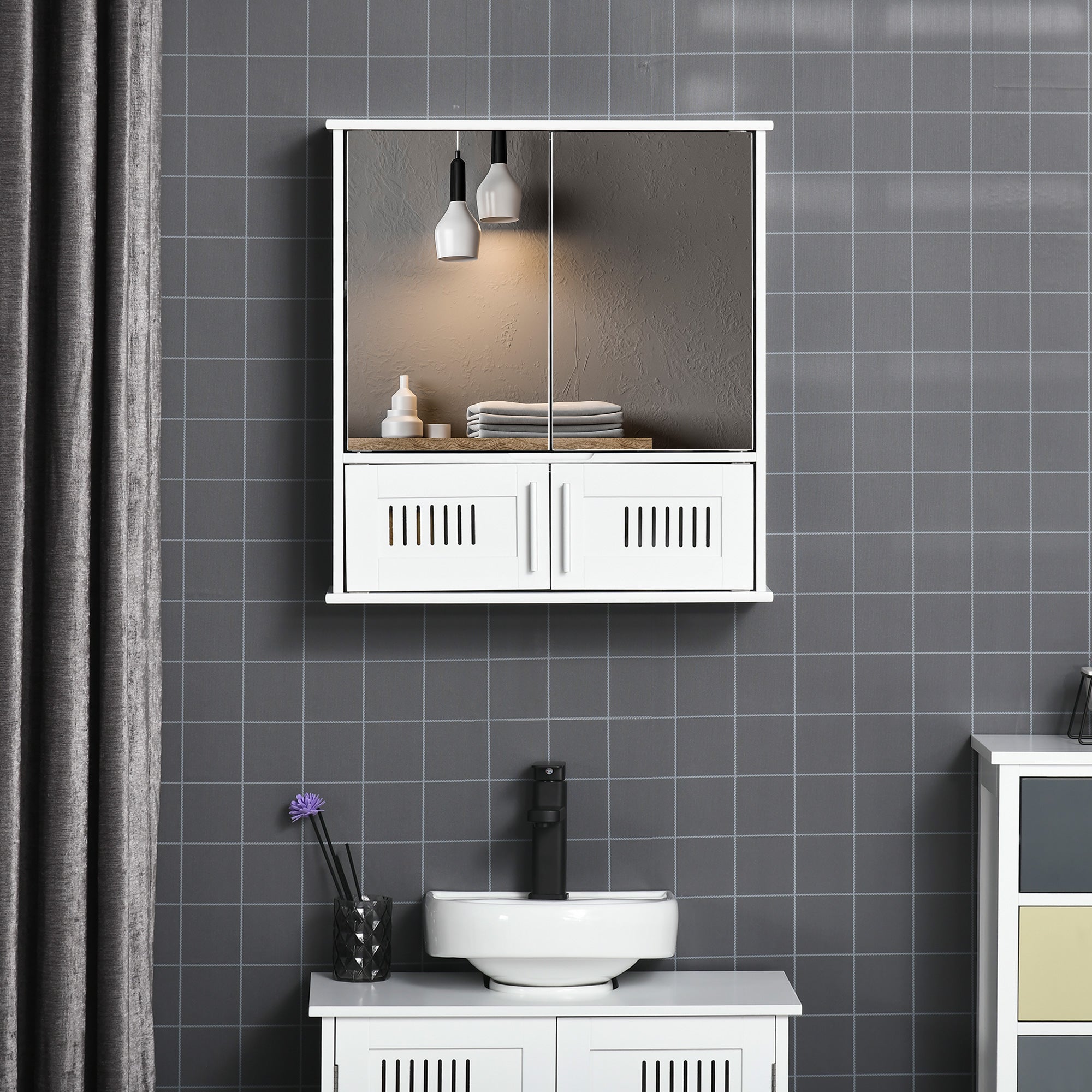 kleankin Bathroom Mirror Cabinet, Wall Mounted Storage Cupboard with Double Doors and Adjustable Shelf, Bathroom Organizer, White - North Peak Garden Furniture