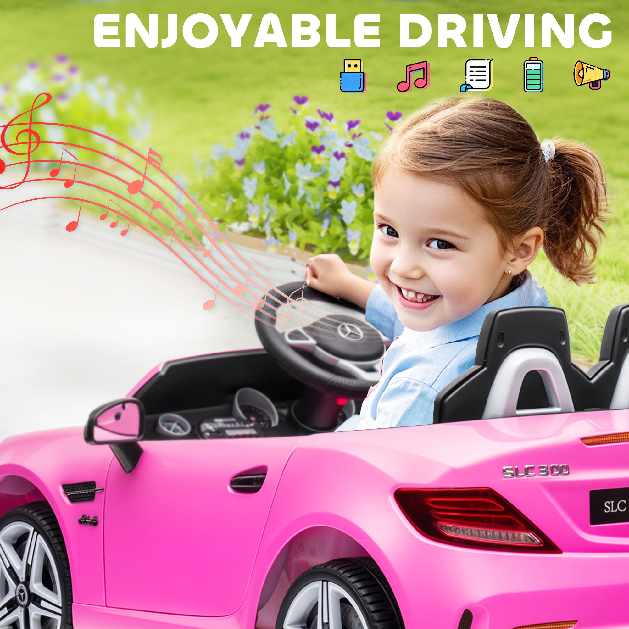 AIYAPLAY Benz SLC 300 Licensed 12V Kids Electric Ride On Car with Parental Remote Two Motors Music Lights Suspension Wheels for 3-6 Years Pink