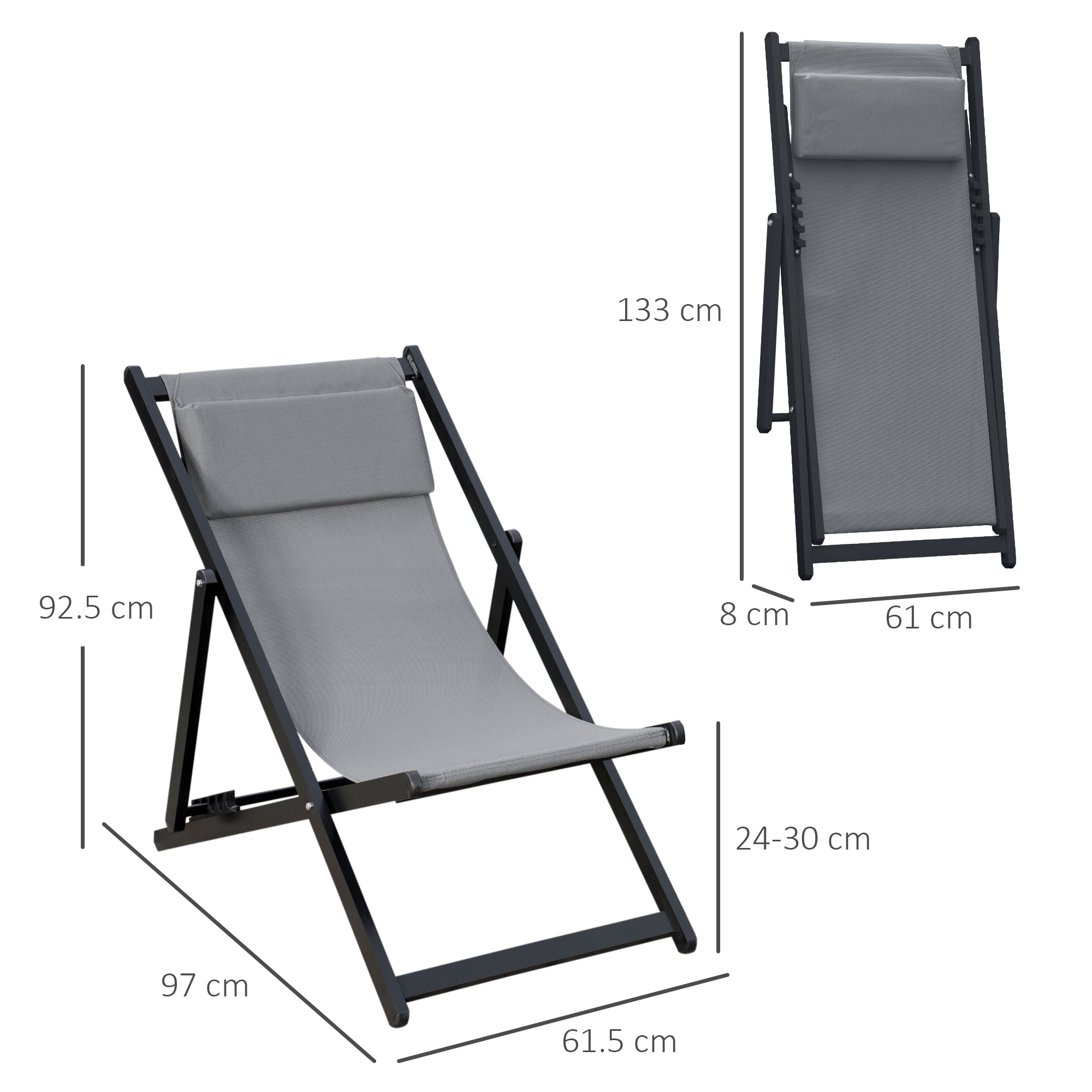 Outsunny Set of 2 Folding Garden Beach Aluminium Frame Deck Chairs Deckchairs Seaside Folding Garden Patio Lounger, Grey - North Peak Garden Furniture