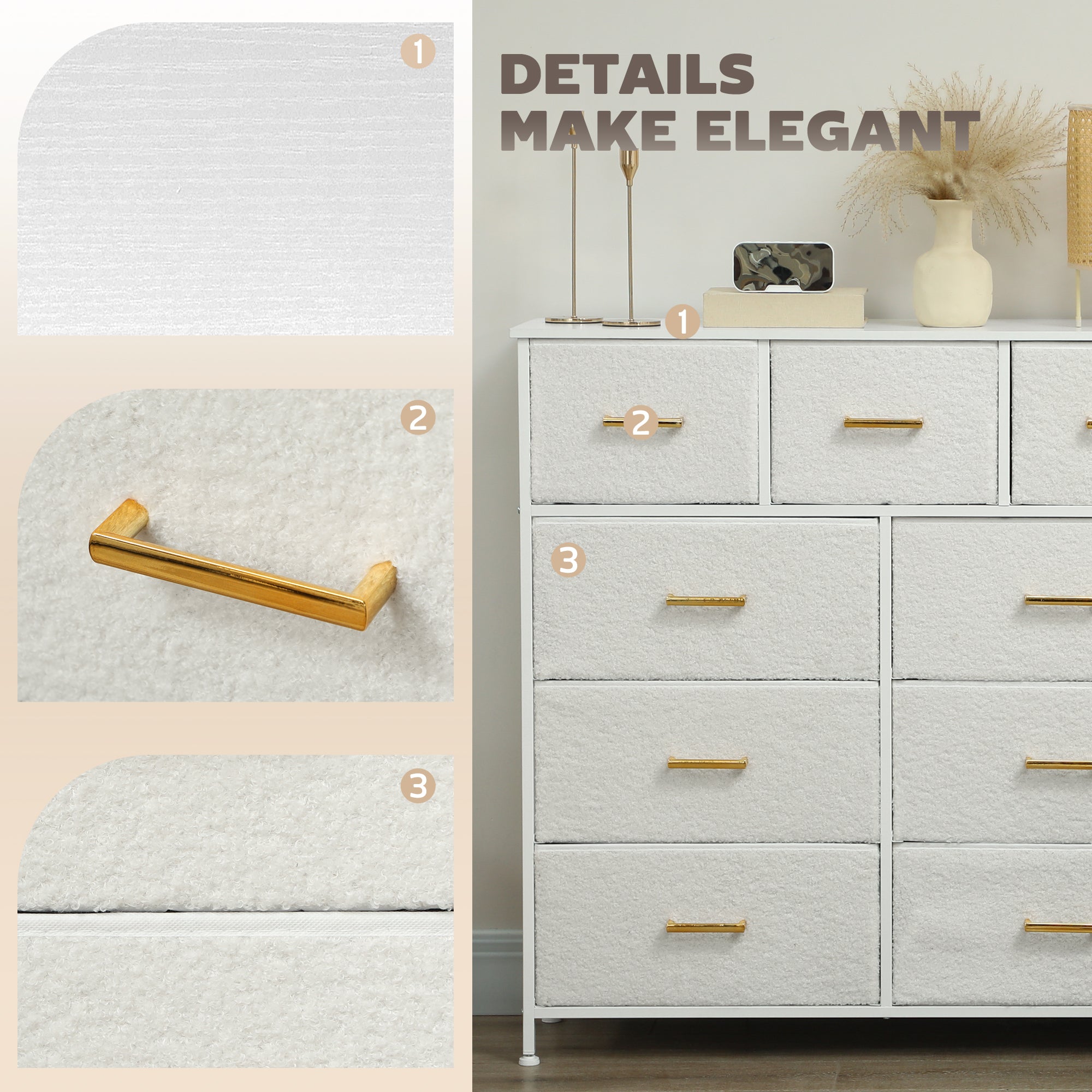 HOMCOM Chest of Drawers with 9 Fabric Drawers, Boucle Storage Organiser with Steel Frame, Fabric Dresser for Bedroom, Living Room, Hallway, Cream White - North Peak Garden Furniture