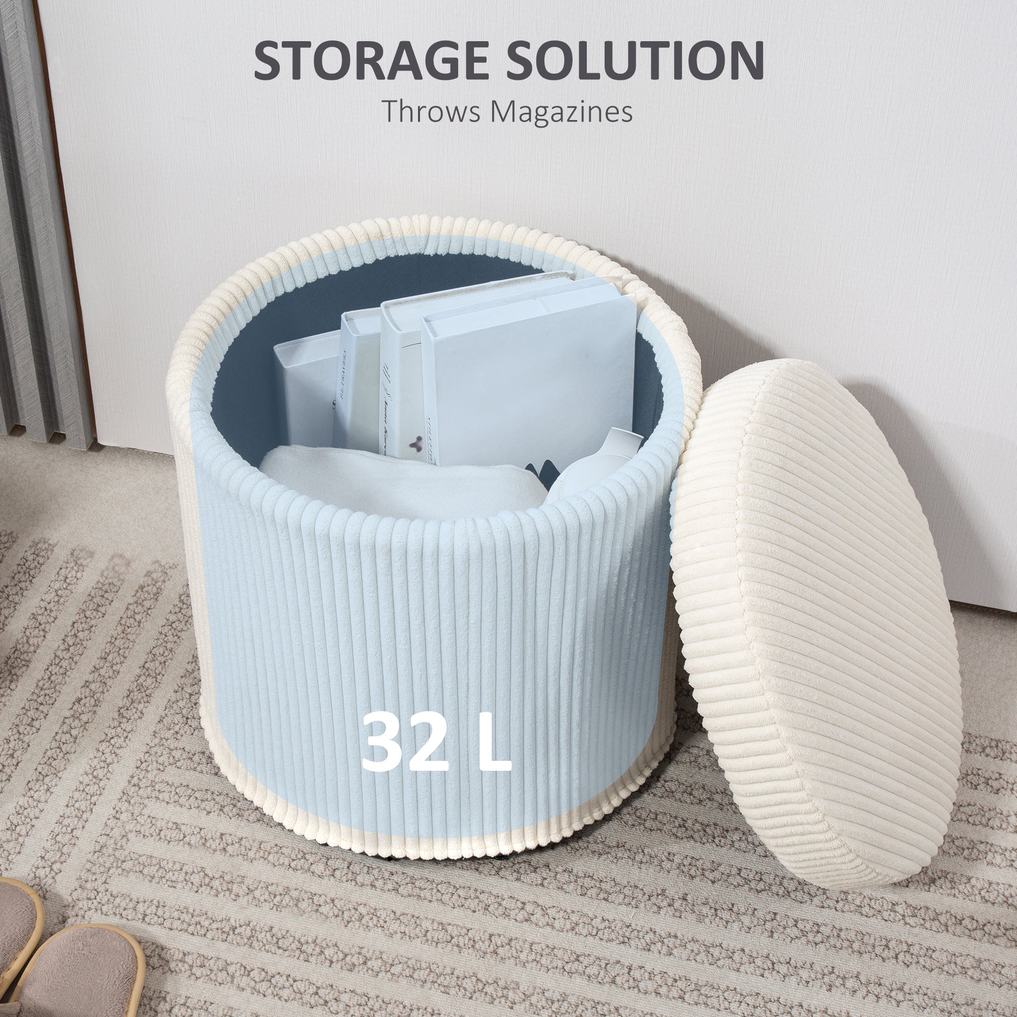 HOMCOM 40cm Round Storage Ottoman, Corduroy Footstool with Removable Lid and Legs, Vanity Stool for Living Room, Bedroom, Beige - North Peak Garden Furniture