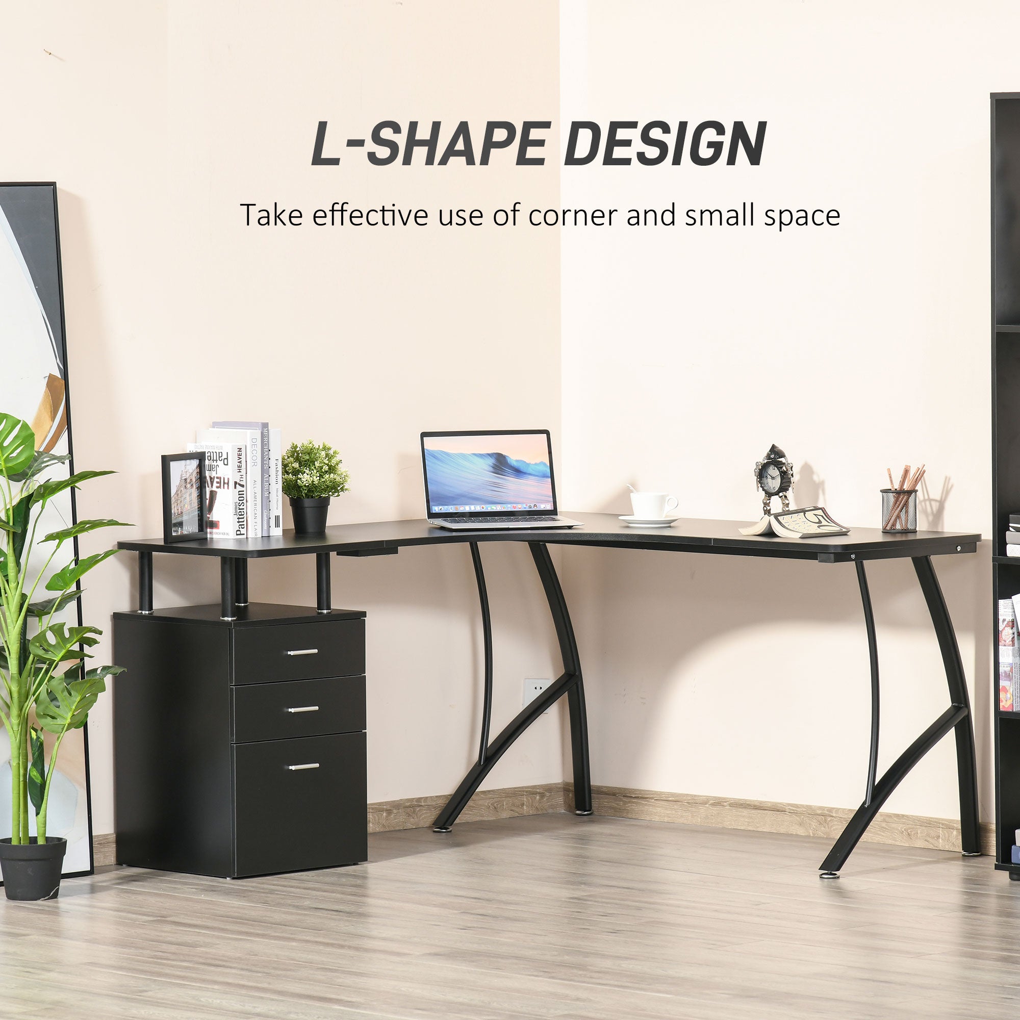HOMCOM L-Shaped Computer Desk Table with Storage Drawer Home Office Corner Industrial Style Workstation for A4 Files 152 x 143.5 x 76cm, Black - North Peak Garden Furniture