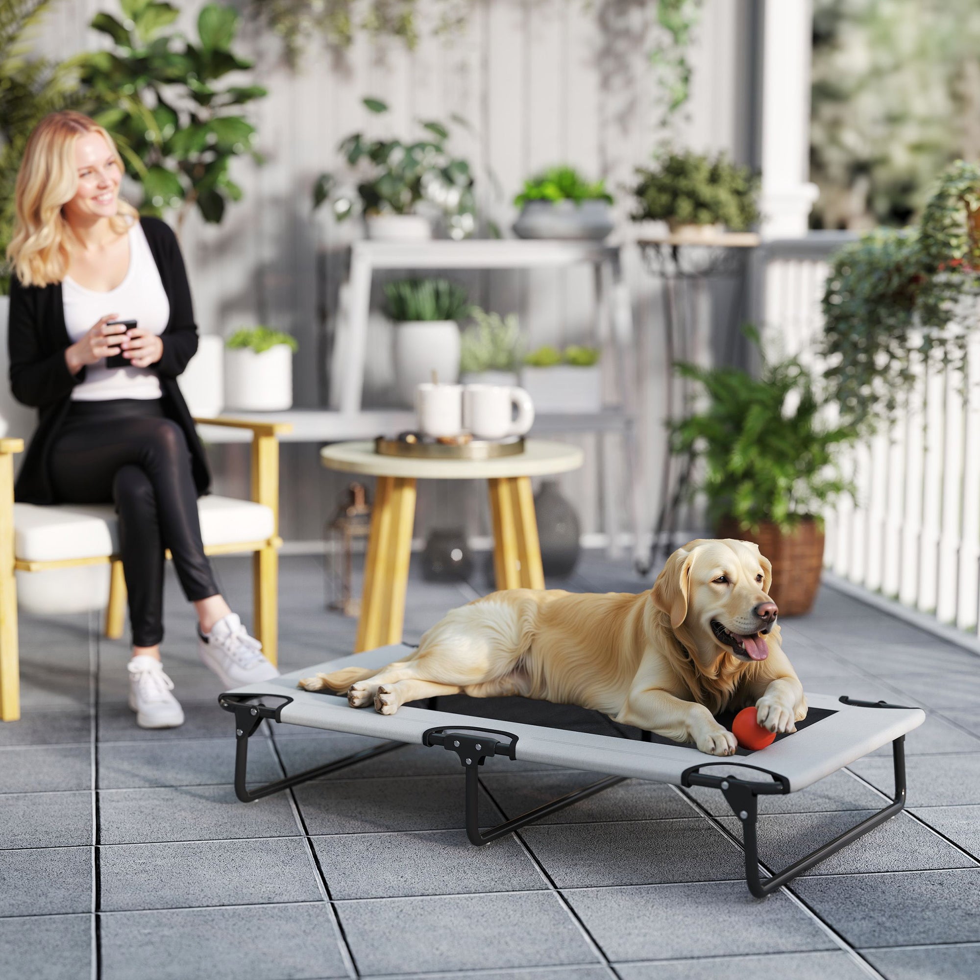 PawHut Portable Raised Dog Bed, Elevated Pet Cot with Breathable Mesh for Indoor Outdoor, for Large Dogs, Light Grey - North Peak Garden Furniture