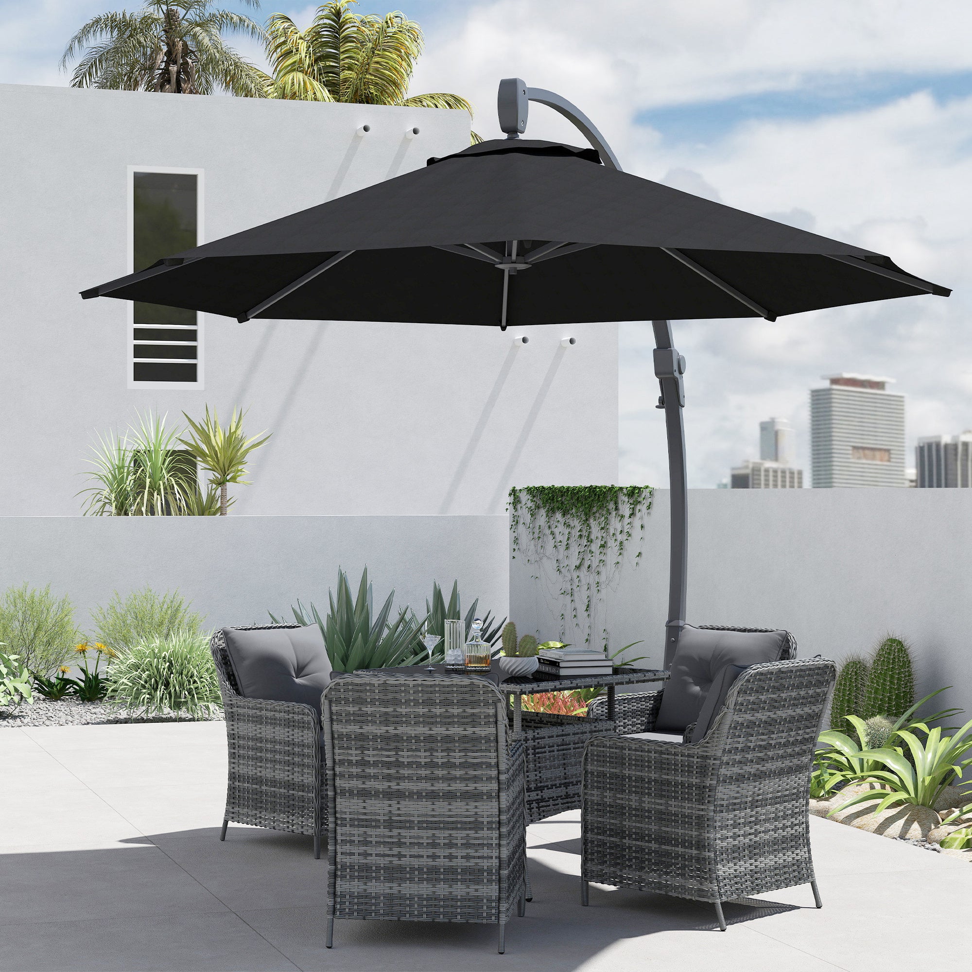 Outsunny 3(m) Garden Cantilever Parasol, Round Overhanging Umbrella with Crank Handle, Cross Base, Aluminium Frame and 360° Rotation, Banana Patio Umbrella for Outdoor Sun Shade, Black - North Peak Garden Furniture