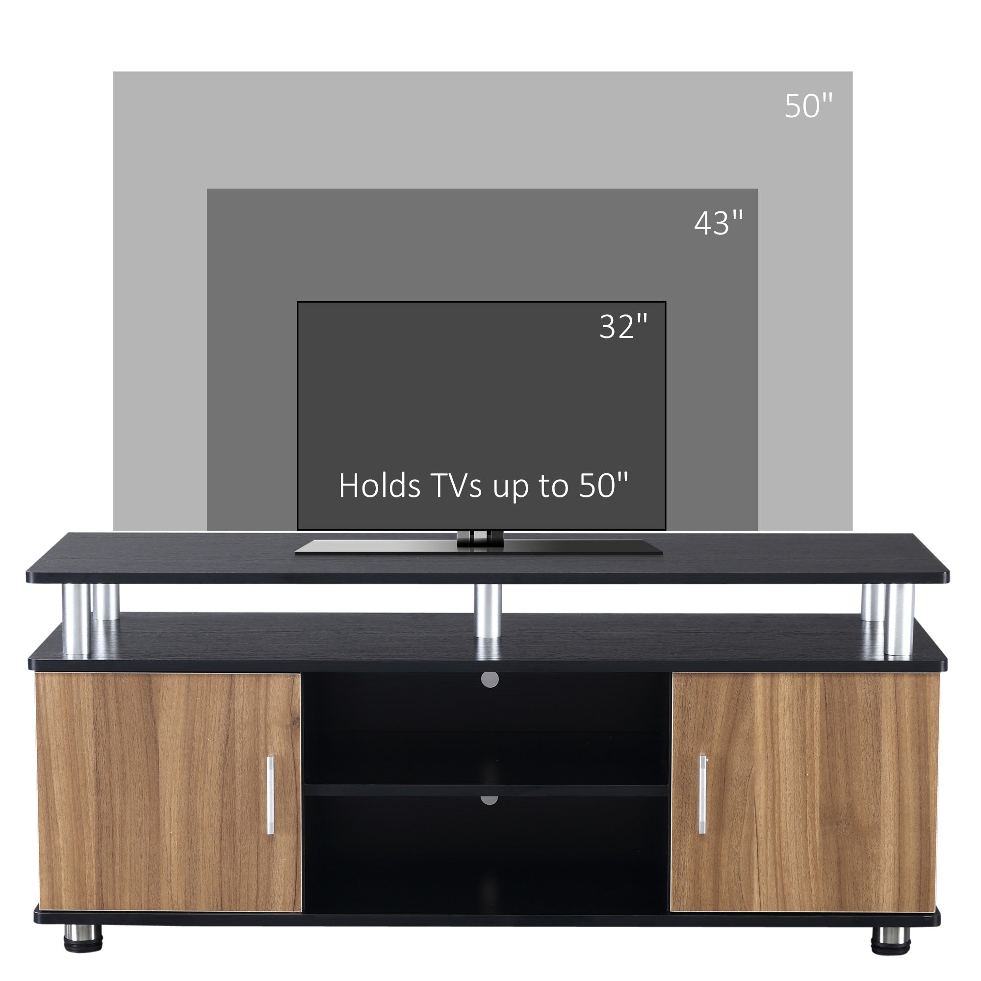 HOMCOM TV Cabinet Unit for TVs up to 50'' with Storage Shelf and Cupboards, Living Room Entertainment Center Media Console, Black and Walnut