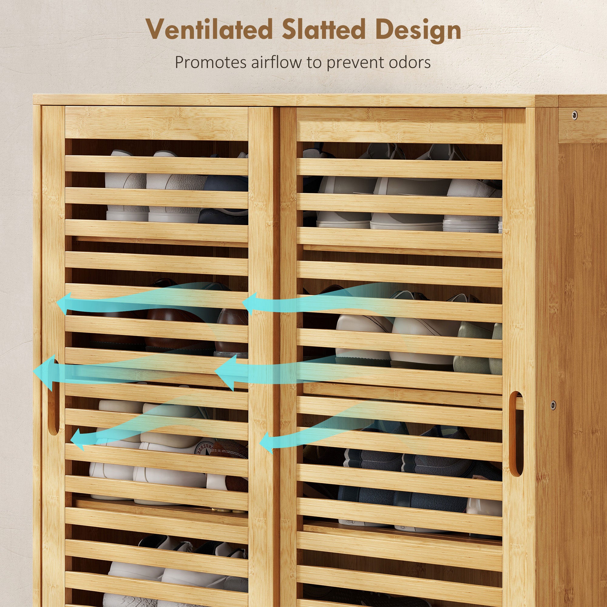 HOMCOM Bamboo Shoe Cabinet with 2 Sliding Slat Doors, 16Pairs, Adjustable Shelves, Natural