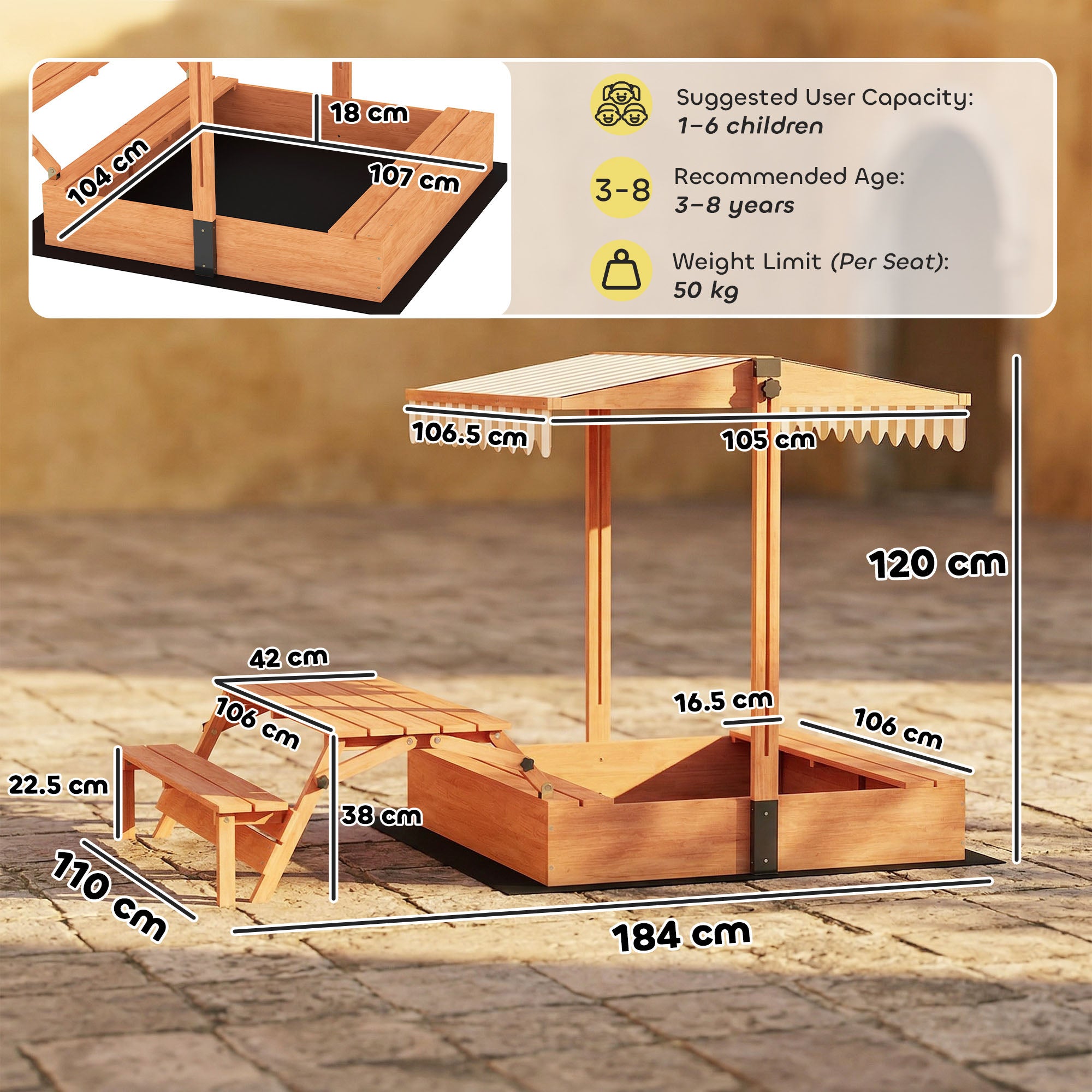 AIYAPLAY Kids Sand Pit with Lid, Wooden Sandpit with Canopy, Foldable Picnic Table, Bench Seats, Bottom Liner for Patio Garden