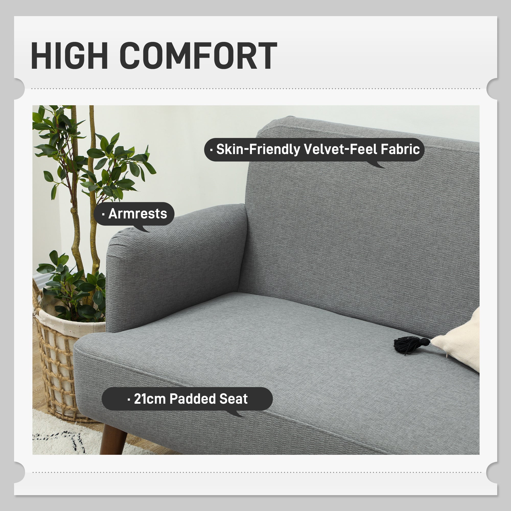 HOMCOM Velvet Feel Fabric 2 Seater Sofa, Small Sofa Loveseat with 21cm Thick Padding and Wood Legs, Grey - North Peak Garden Furniture