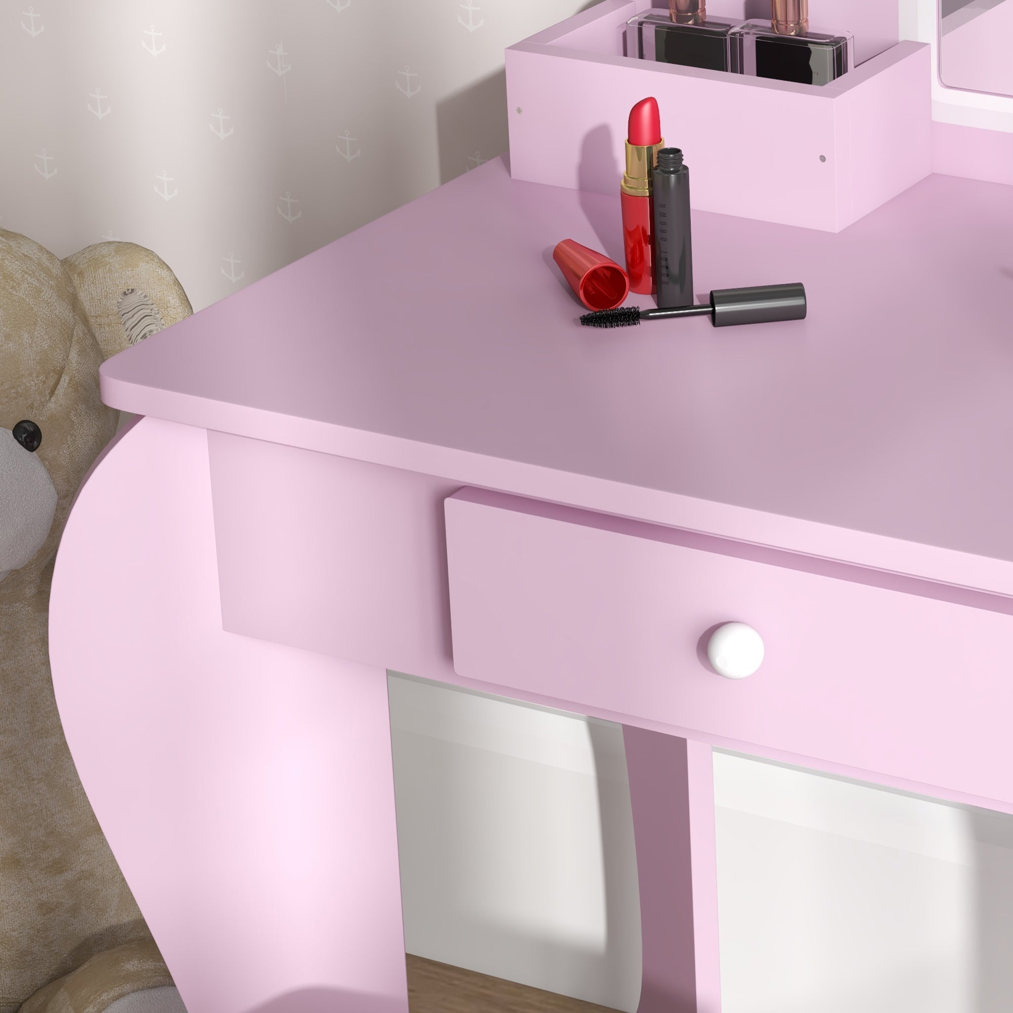 ZONEKIZ Kids Vanity Table with Mirror, Stool, Drawer, Storage Boxes, Cloud Design, for Ages 3-6 Years - Pink - North Peak Garden Furniture