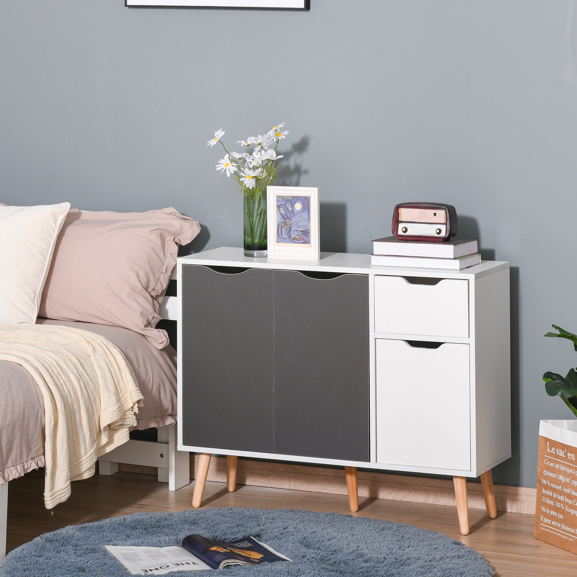 HOMCOM Sideboard Floor Standing Storage Cabinet with Drawer for Bedroom, Living Room, Home Office, Grey - North Peak Garden Furniture