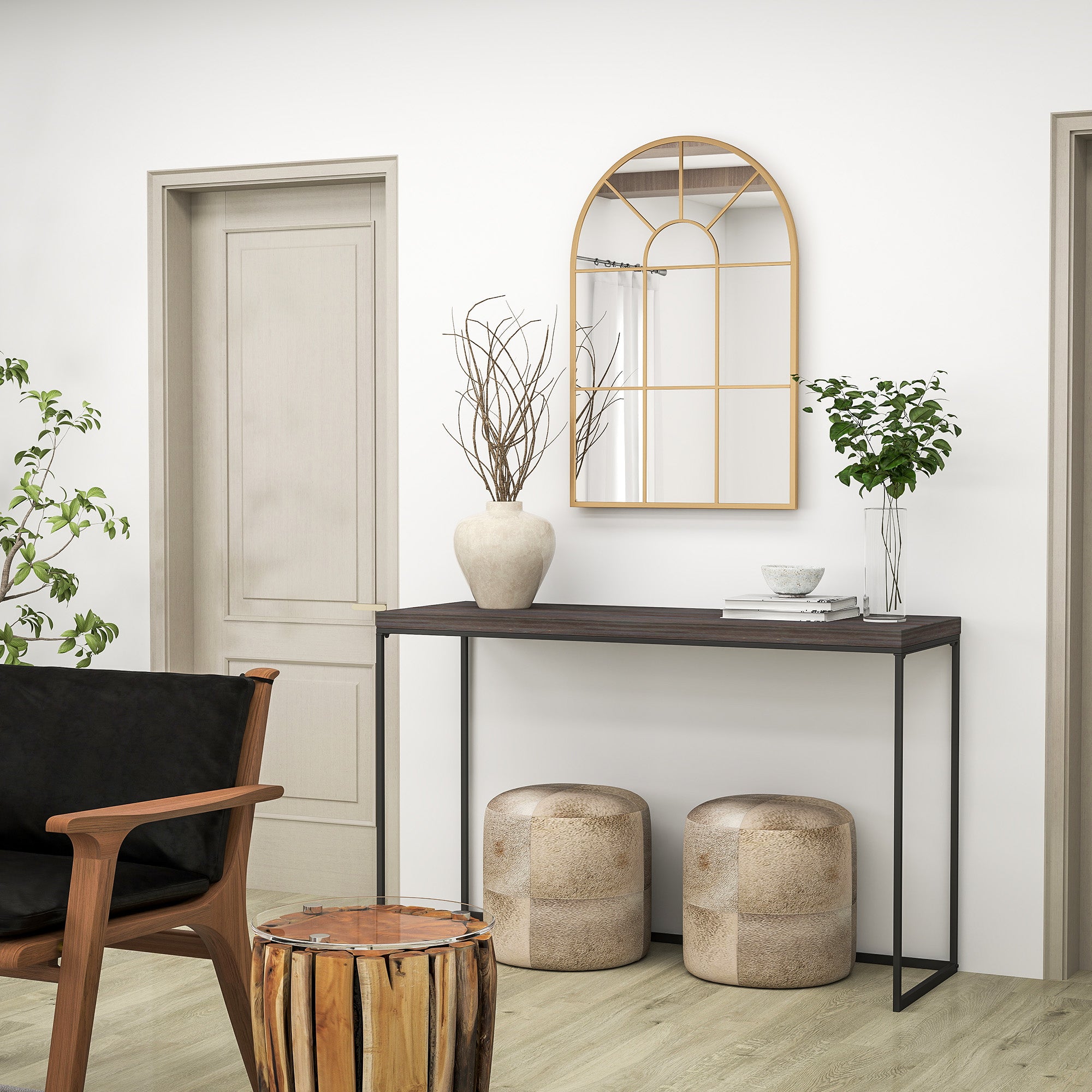 HOMCOM Modern Arched Wall Mirror, 91 x 60 cm Window Mirrors for Living Room, Bedroom, Gold Tone - North Peak Garden Furniture