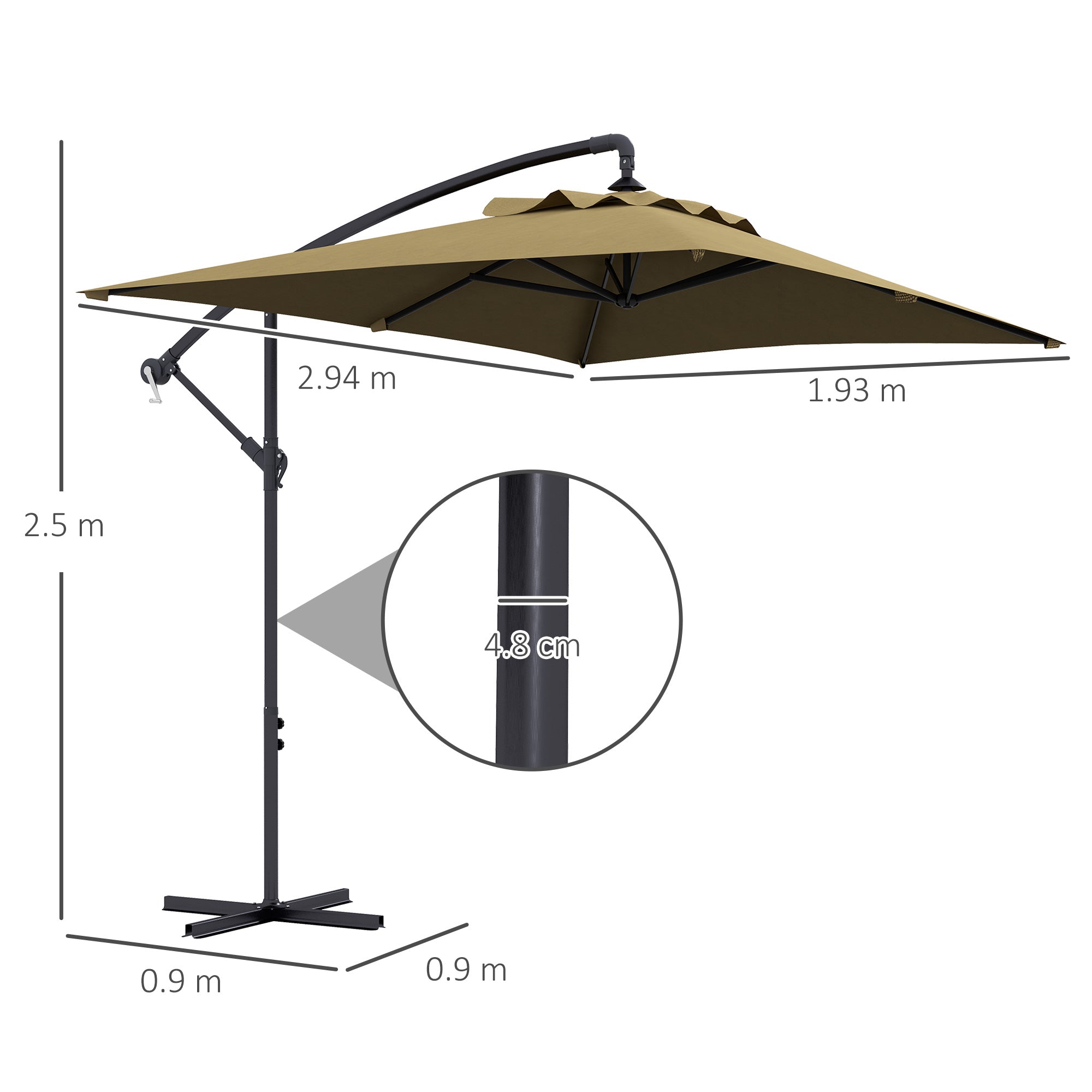 Outsunny 3m Square Canopy Cantilever Parasol, with Cross Base - Brown - North Peak Garden Furniture