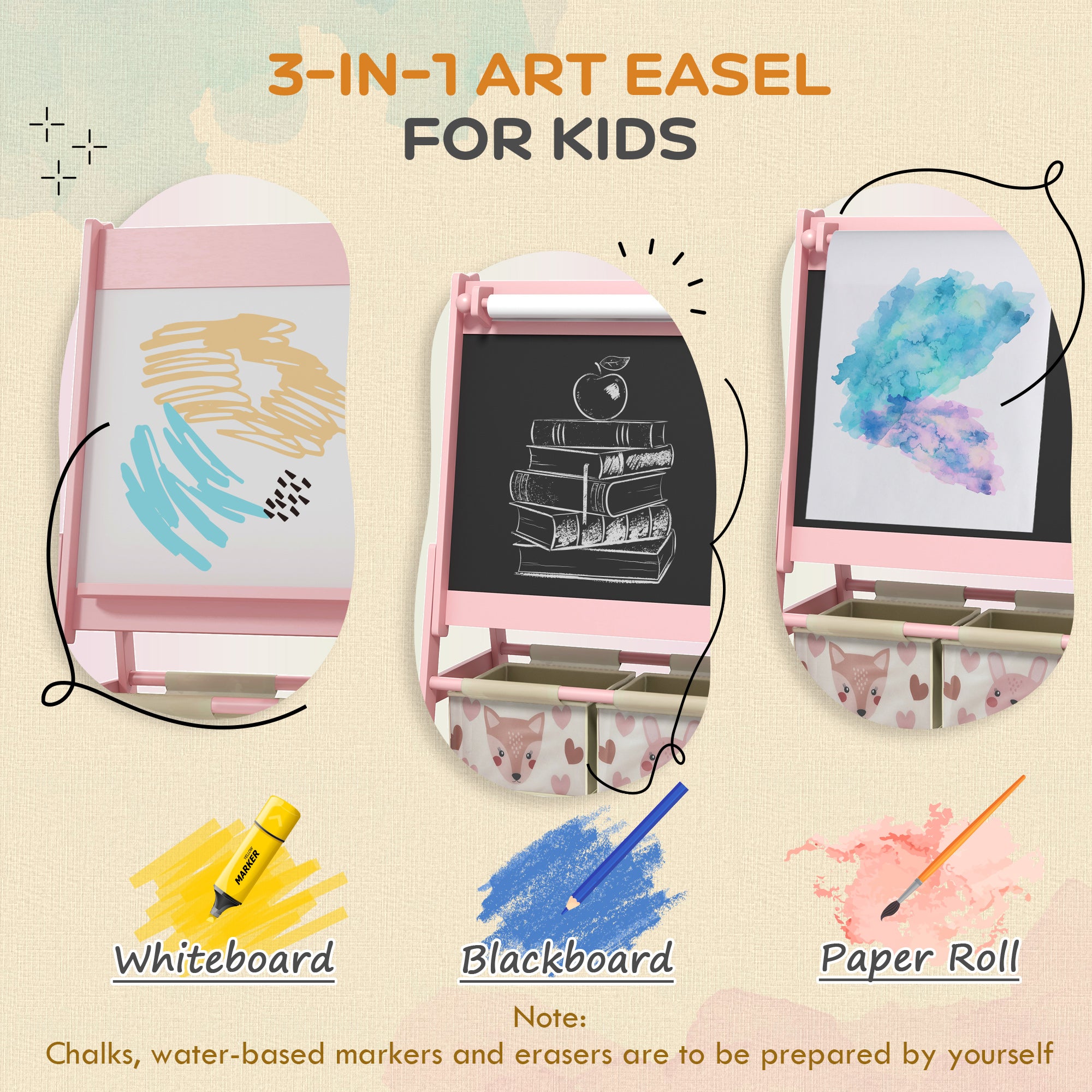 AIYAPLAY Three-In-One Kids Easel with Paper Roll, Art Easel, with Storage - Pink - North Peak Garden Furniture