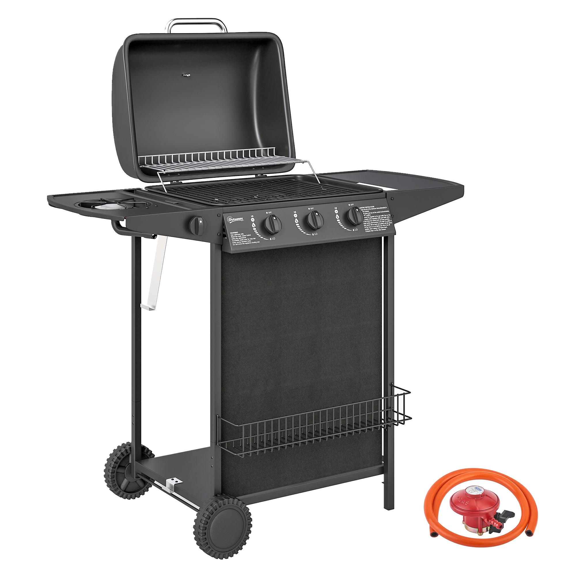 Outsunny 3+1 Burner Gas BBQ Grill, Portable Gas Barbecue Grill with Built-in Thermometer, Lid, Side Table, Shelf, Spice Rack, Wheels, Grease Cup for Garden Party Outdoor Cooking, Black