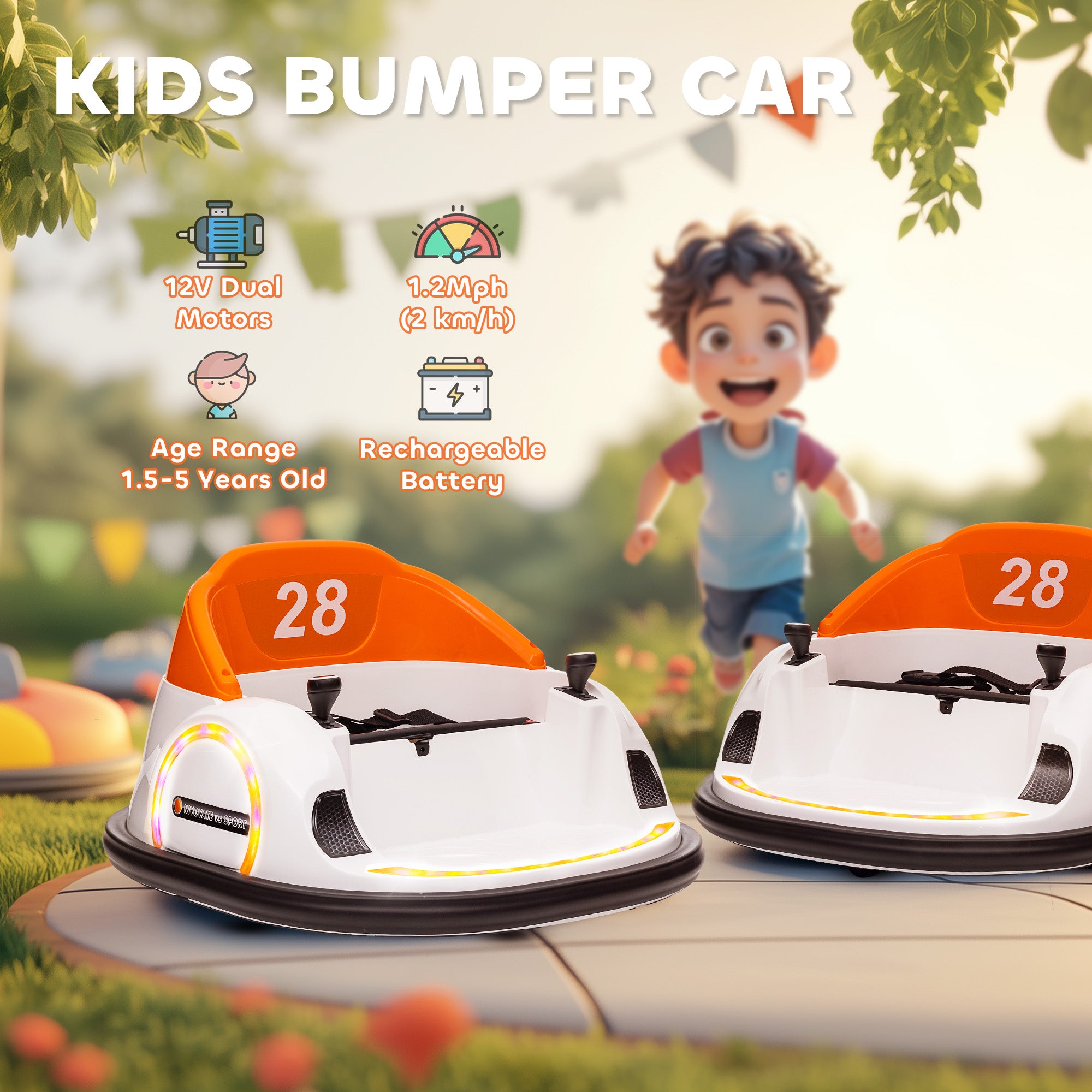 AIYAPLAY 360° Rotation Kids Bumper Car, 12V Waltzer Car with Remote Control, Dual Joysticks, Music Lights, Orange - North Peak Garden Furniture