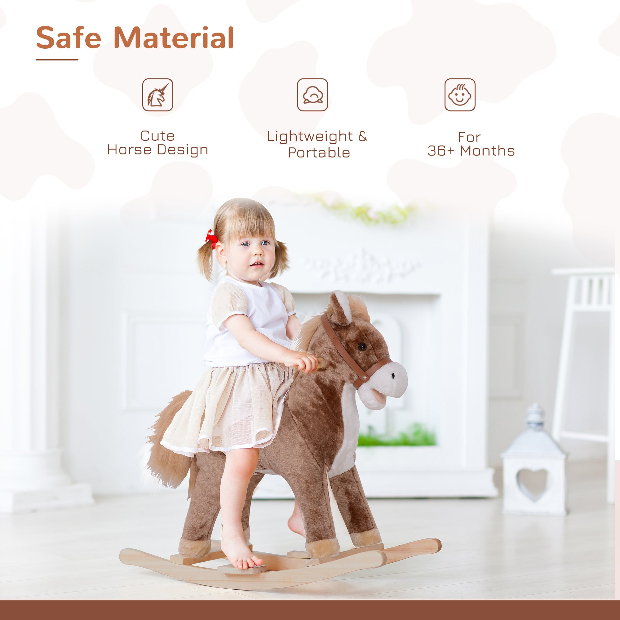 HOMCOM Kids Children Plush Rocking Horse Wooden Base Ride On Toy Rocker with Handle Grip Traditional Toy Fun Gift for Age 3+ (Brown & White) - North Peak Garden Furniture