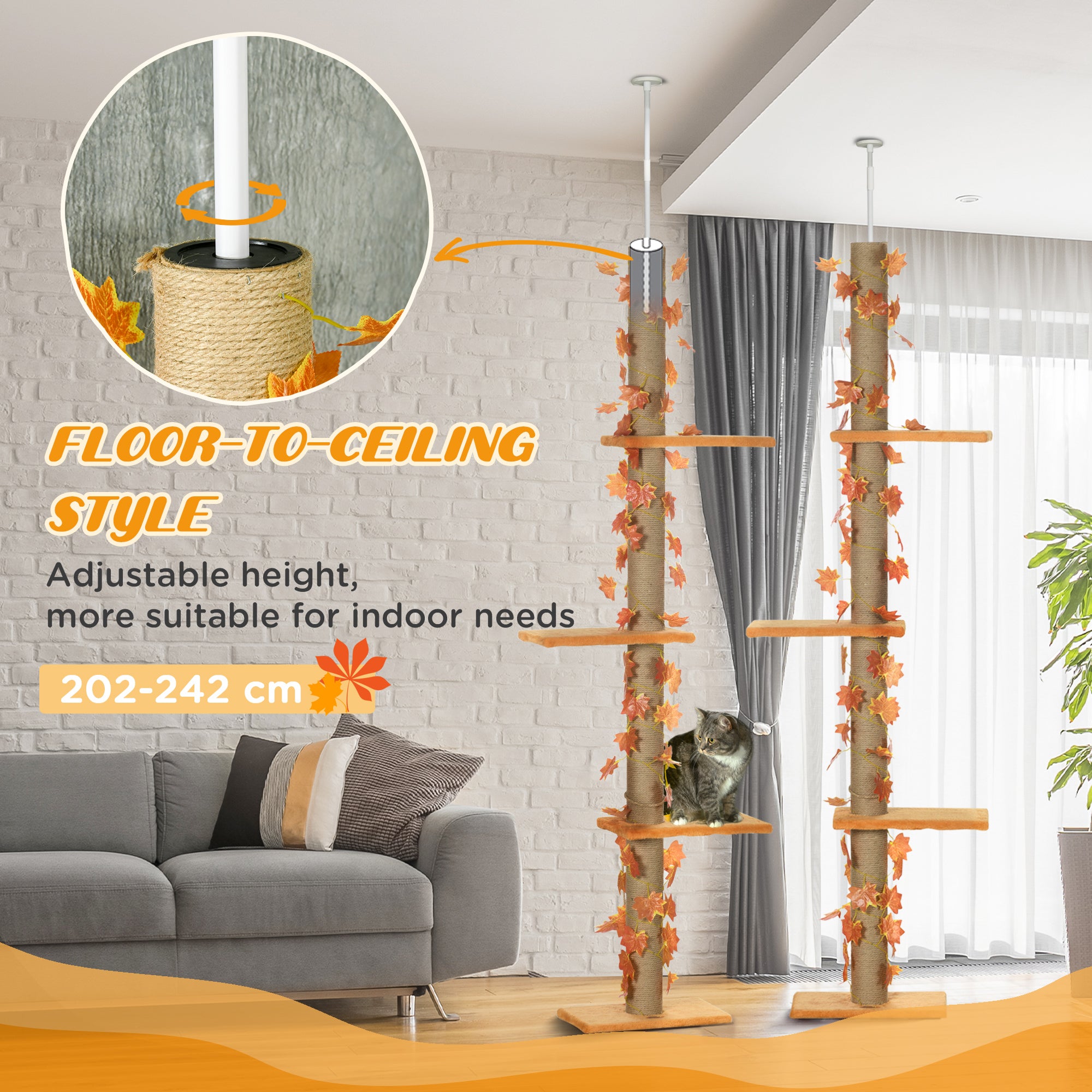 PawHut 242cm Adjustable Floor-To-Ceiling Cat Tree, with Artificial Decoration, Perches, Anti-Slip Kit - Orange - North Peak Garden Furniture