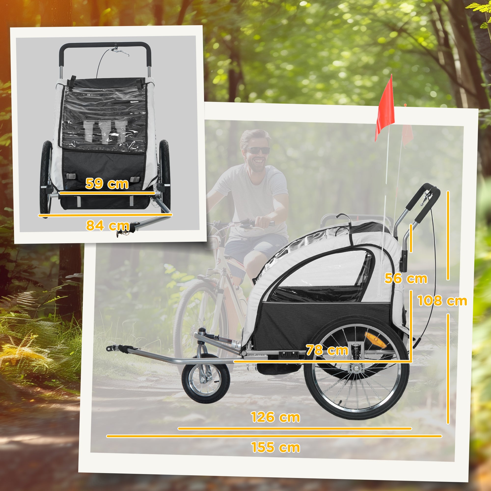 HOMCOM 2 Seat Bike Trailer with 5 Point Harness, Baby Bike Stroller with Safety Flag, Reflectors, for 18+ Months, Black - North Peak Garden Furniture