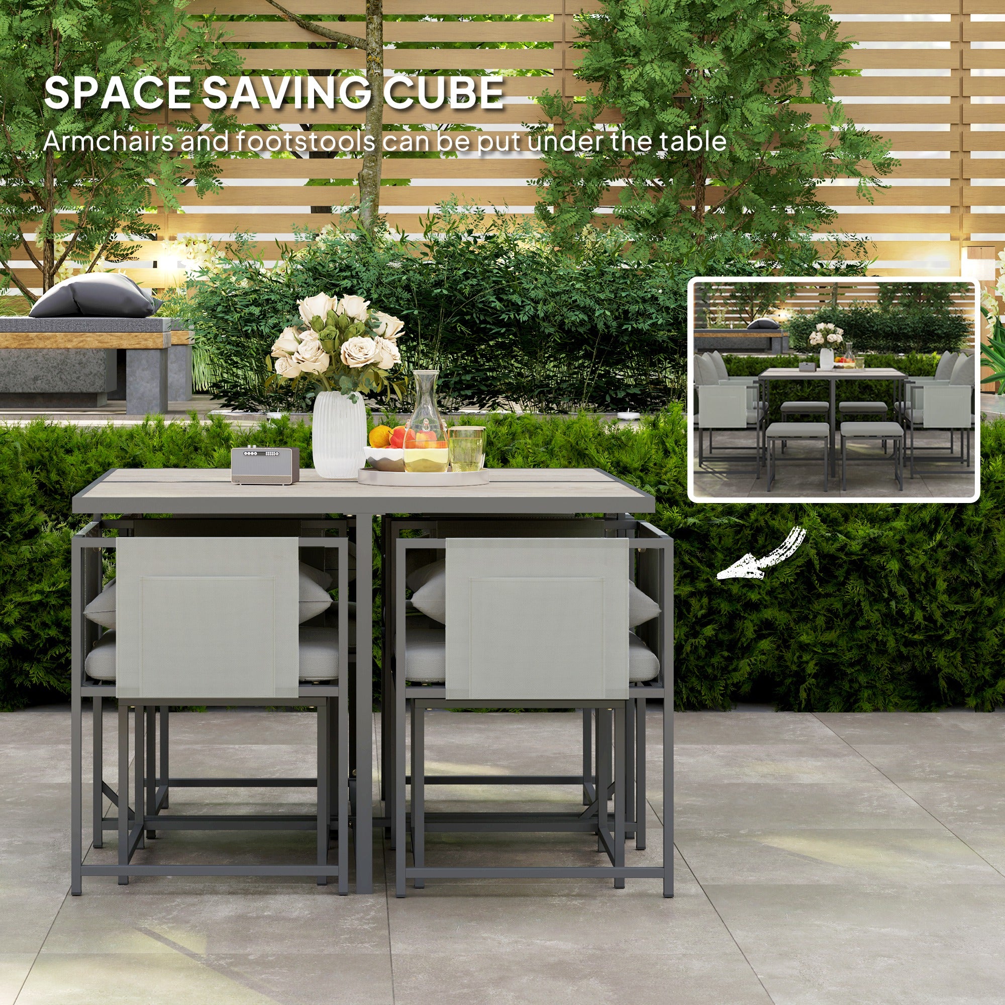 Outsunny 9 Piece Garden Dining Set, Cube Outdoor Garden Furniture Set with Cushions, 8 Seater Garden Table and Chairs with 4 Stools, Square PSPC Plastic Top Table, Side Pockets for Patio, Grey - North Peak Garden Furniture