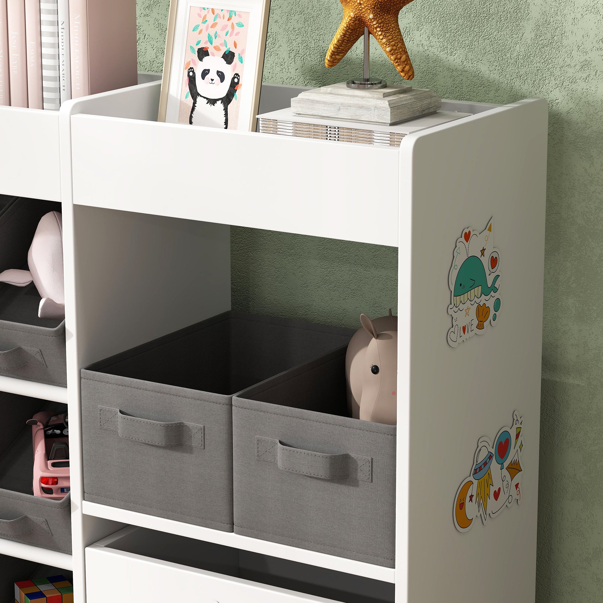 AIYAPLAY Kids Toy Storage Unit with 11 Bins, Cabinet, Top Shelves, 3 Stickers, for Nursery, Playroom, Kindergarten, White - North Peak Garden Furniture