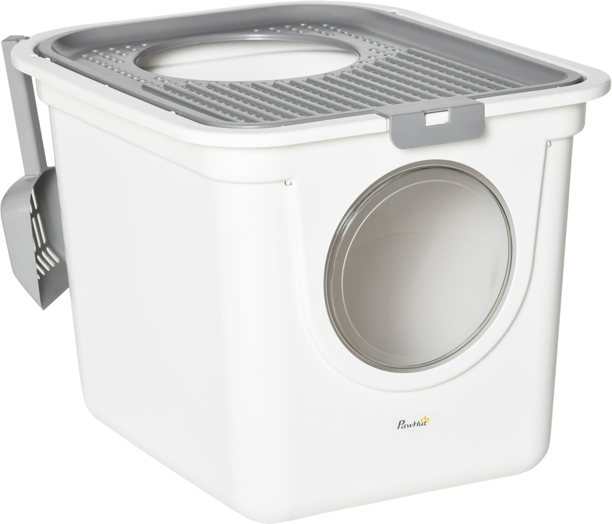 PawHut Enclosed Cat Litter Box, Easy Clean Pet Toilet, Front Entry & Top Exit, Includes Scoop, Sleek White | Aosom UK