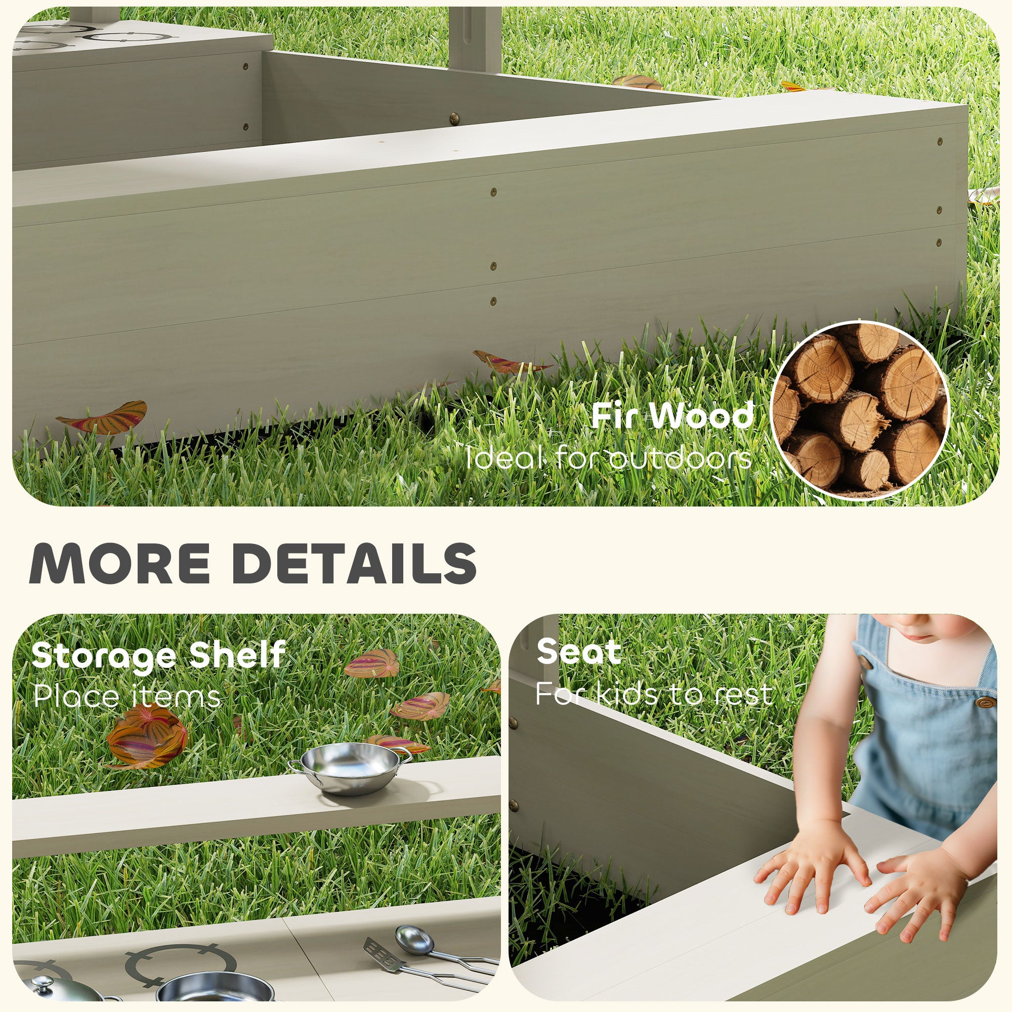 Outsunny Kids Wooden Sandbox w/ Canopy, Kitchen Toys, Seat, Storage, for 3-7 Years Old Outdoor Play
