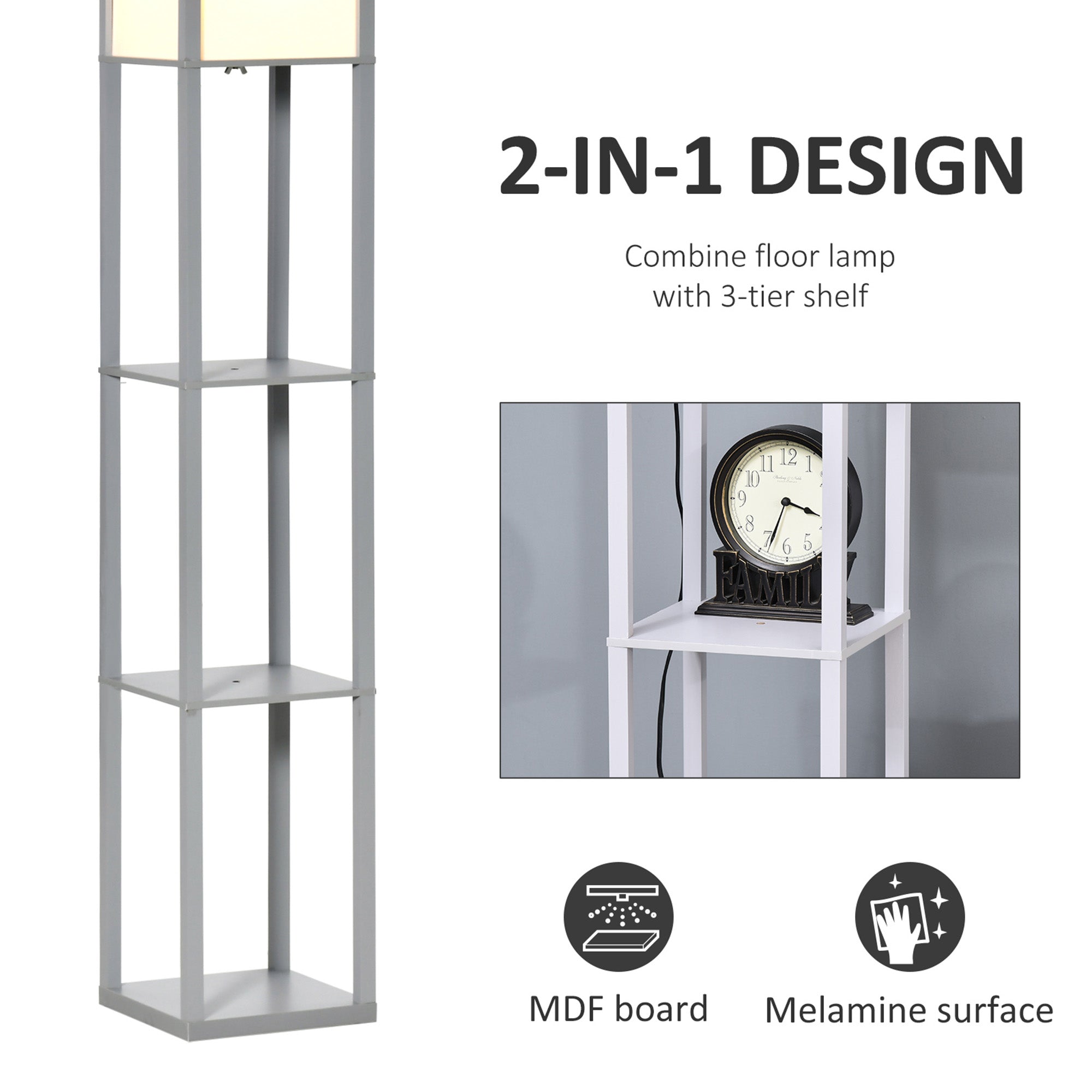 HOMCOM 3-Tier Floor Lamp, Floor Light with Storage Shelf, Reading Standing Lamp for Living Room, Bedroom, Kitchen, Dining Room, Office, Dorm, 160cm, Grey - North Peak Garden Furniture