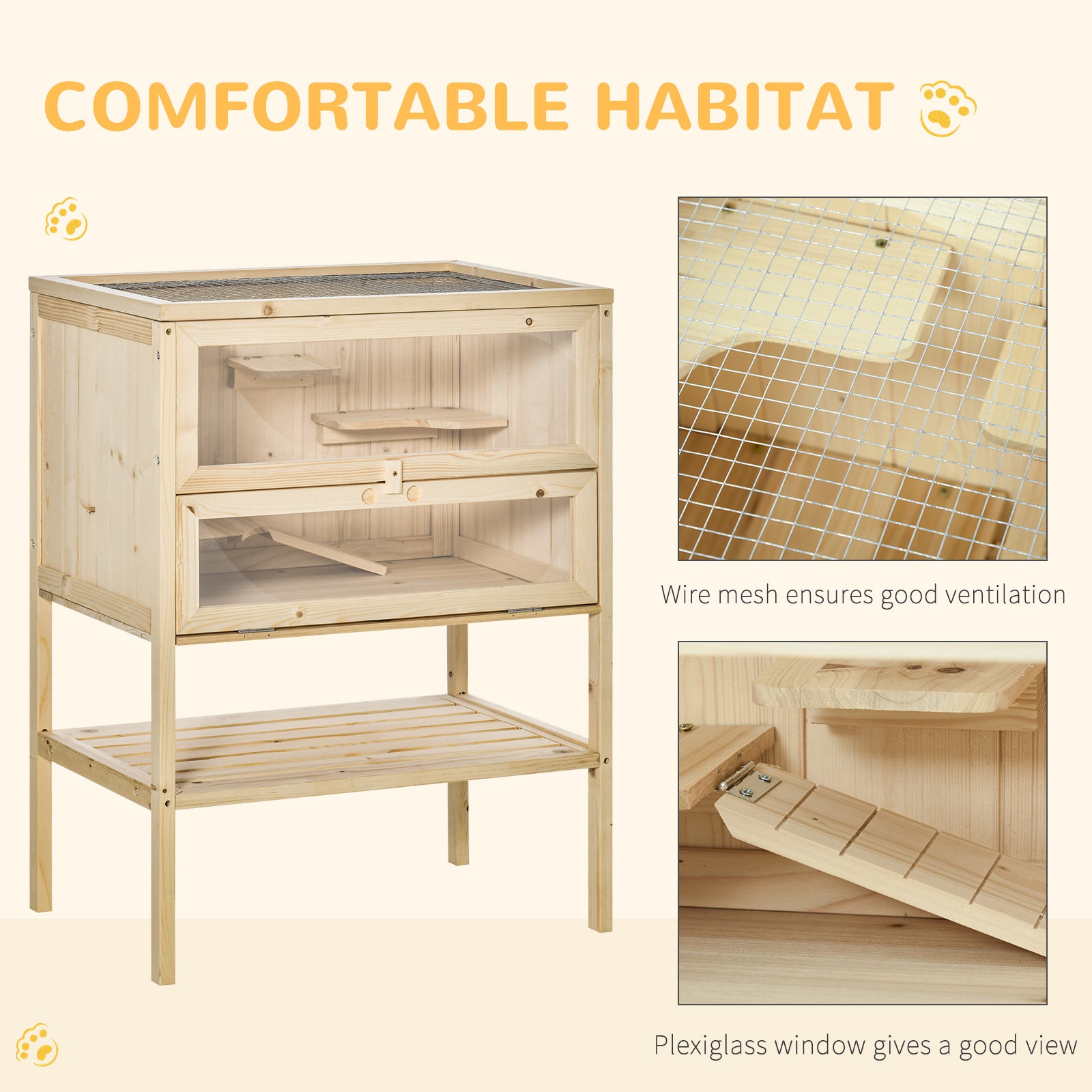 PawHut Wooden Hamster Cage with Storage Shelf, Small Animal Exercise Play House with Openable Top, for Hamsters, Gerbils, 60 x 40 x 80 cm - Natural - North Peak Garden Furniture