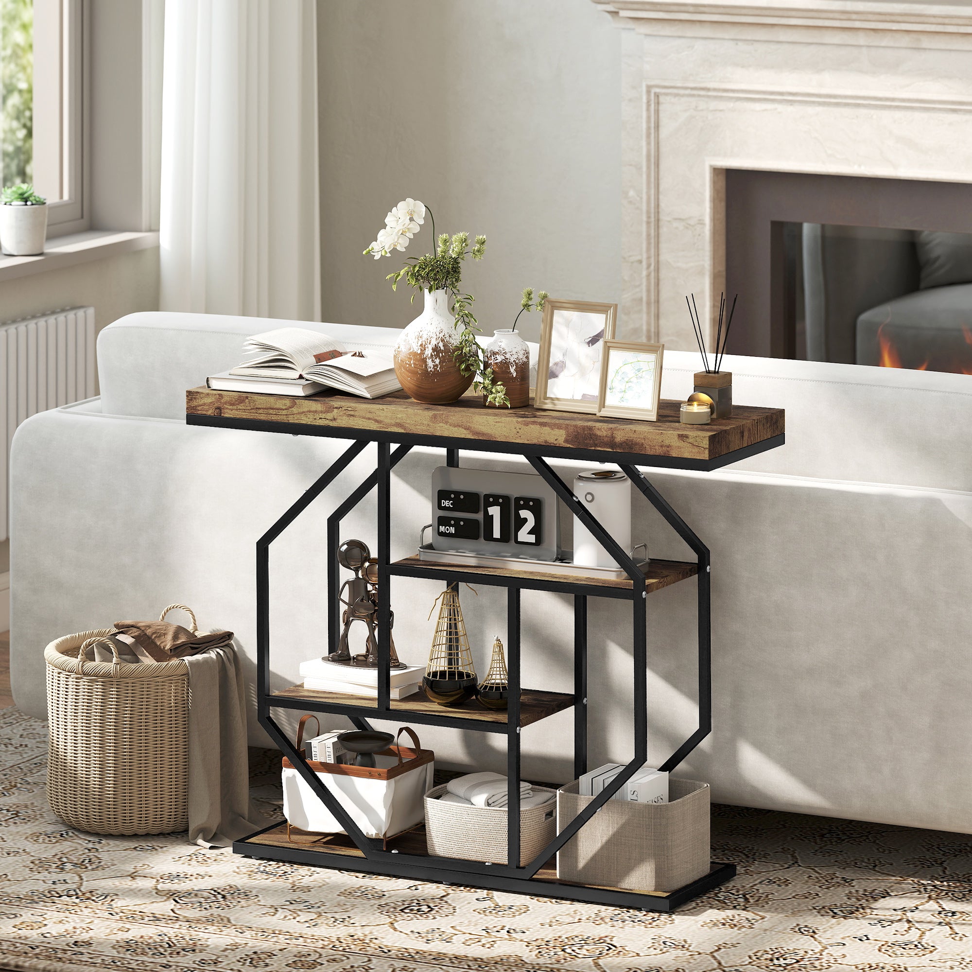 HOMCOM 4-Tier Industrial Console Table - Rustic Brown