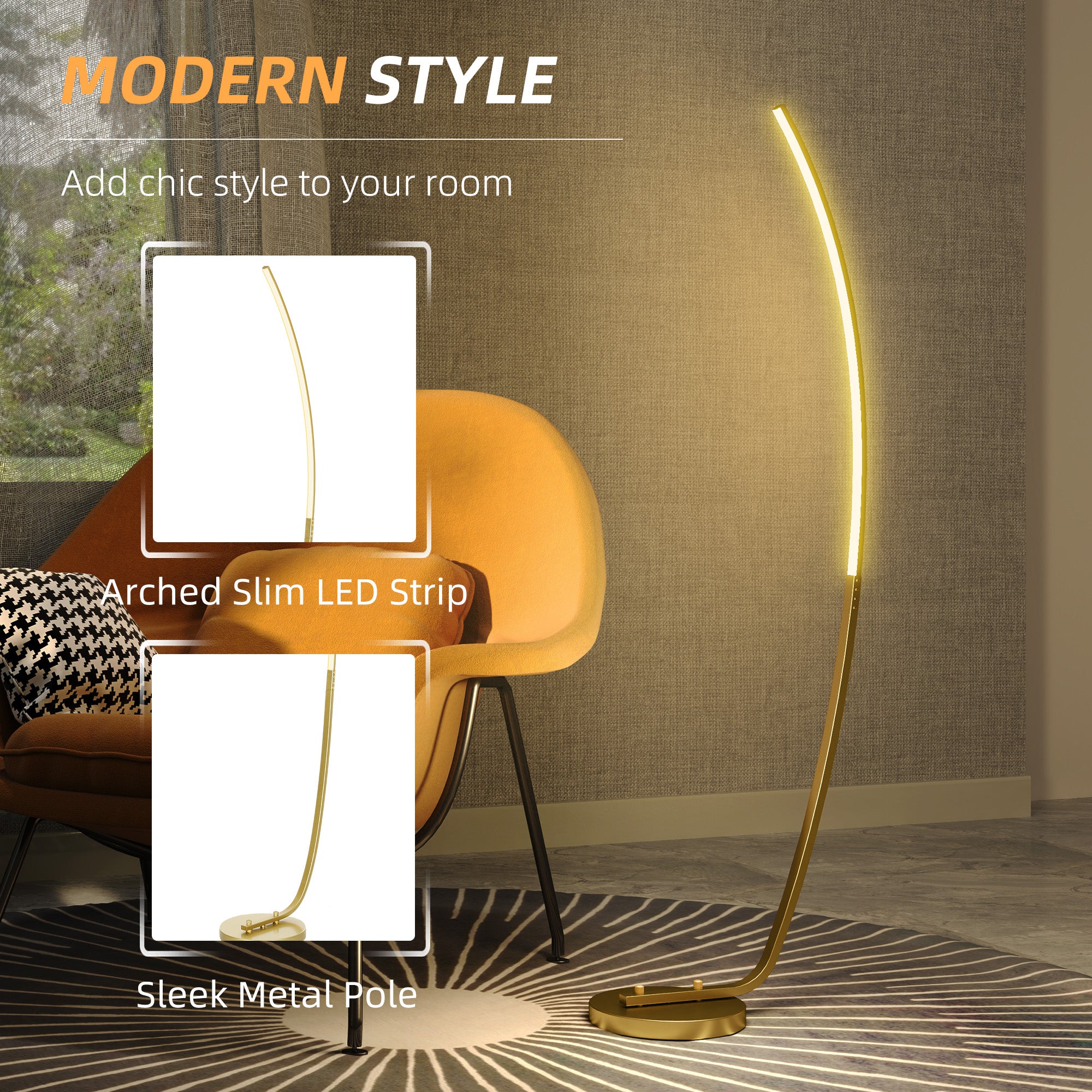HOMCOM Modern 147cm Curved LED Floor Lamp - Gold Tone - North Peak Garden Furniture