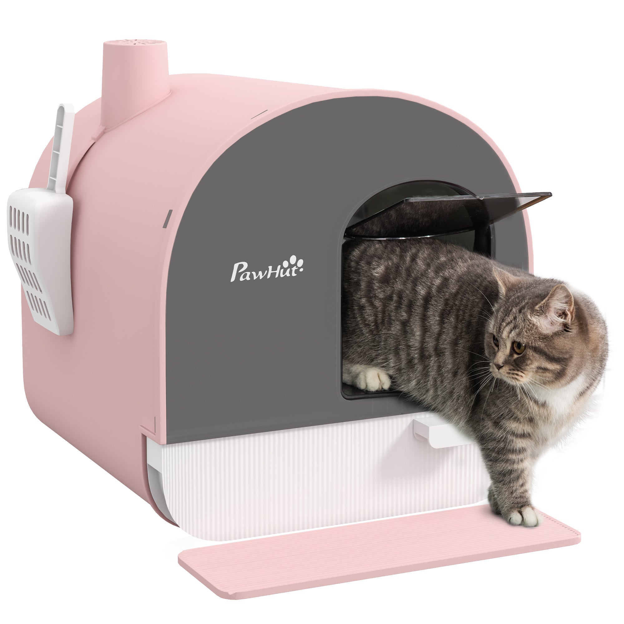 PawHut Hooded Cat Litter Box, Kitten Litter Tray, with Lid, Scoop, Filter, Flap Door, Pink - North Peak Garden Furniture