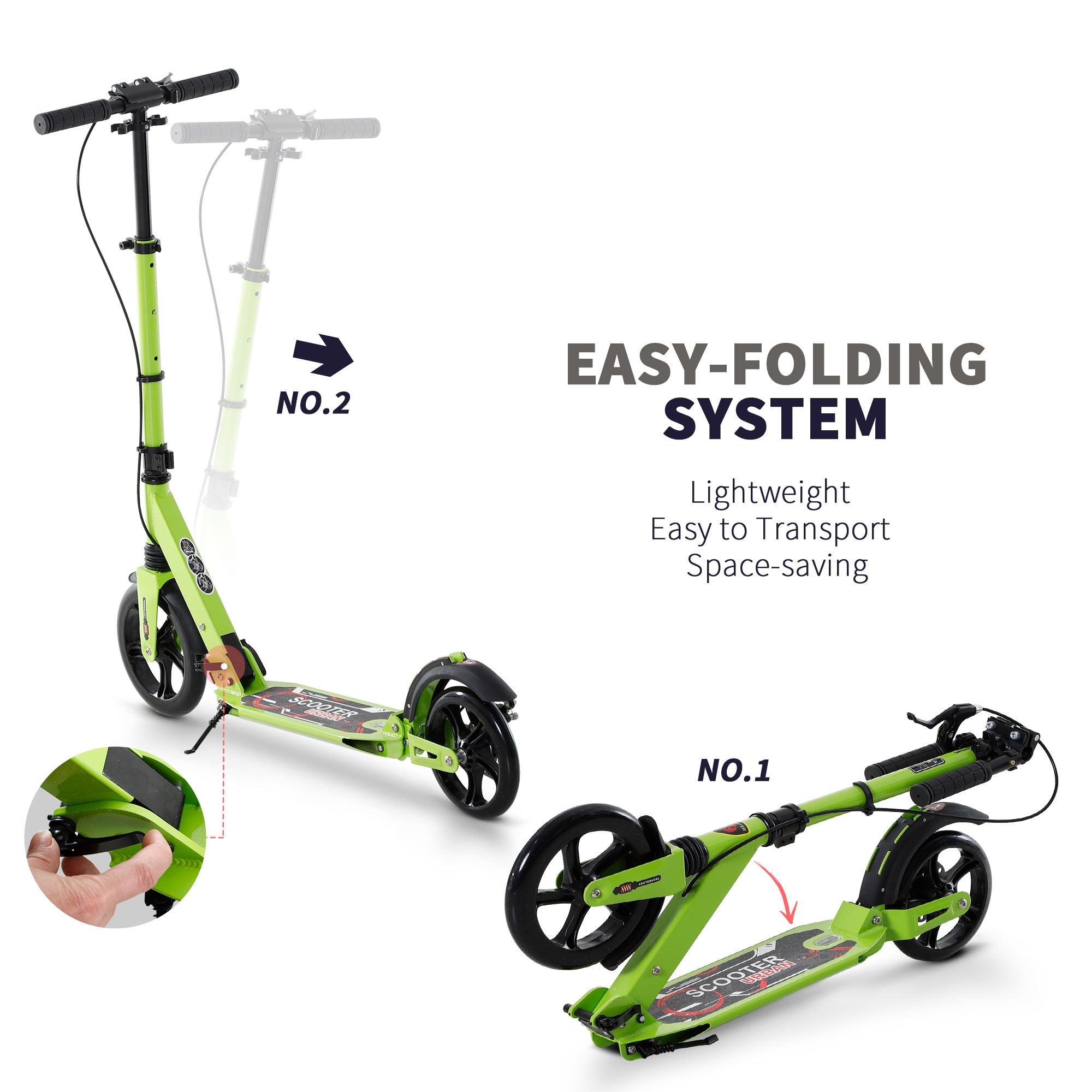 HOMCOM Kick Scooter, Folding 2 Wheel Scooter for 14+ Teens Adults, with Dual Brake System, Dual Suspension, 230mm Big Wheels, 3 Adjustable Handlebar, up to 100KG, Green - North Peak Garden Furniture