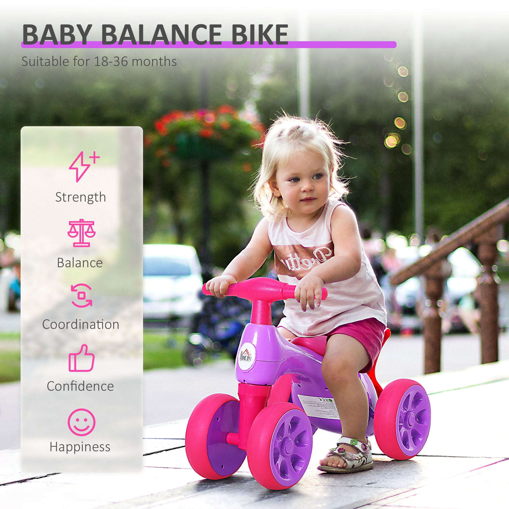 HOMCOM Baby Balance Bike Toddler Training Walker Smooth Rubber Wheels Ride on Toy Storage Bin Gift for Boys Girls Violet Fuchsia - North Peak Garden Furniture