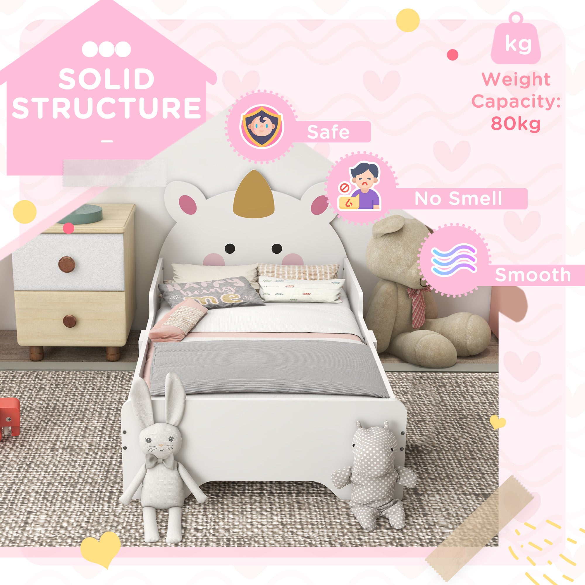 ZONEKIZ Unicorn-Designed Toddler Bed, Kids Bedroom Furniture, for Ages 3-6 Years, 143 x 74 x 67cm - White - North Peak Garden Furniture