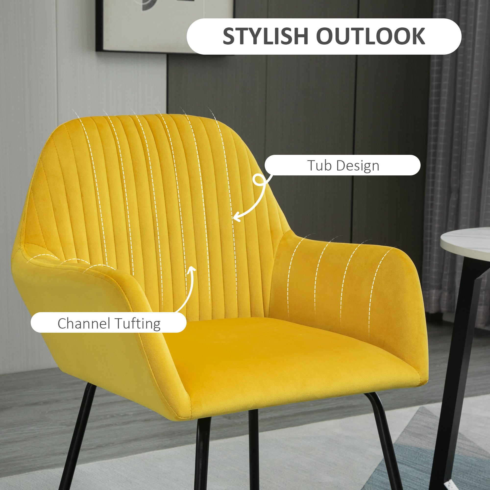HOMCOM Modern Arm Chair Upholstered Accent Chair with Metal Base for Living Room Yellow - North Peak Garden Furniture