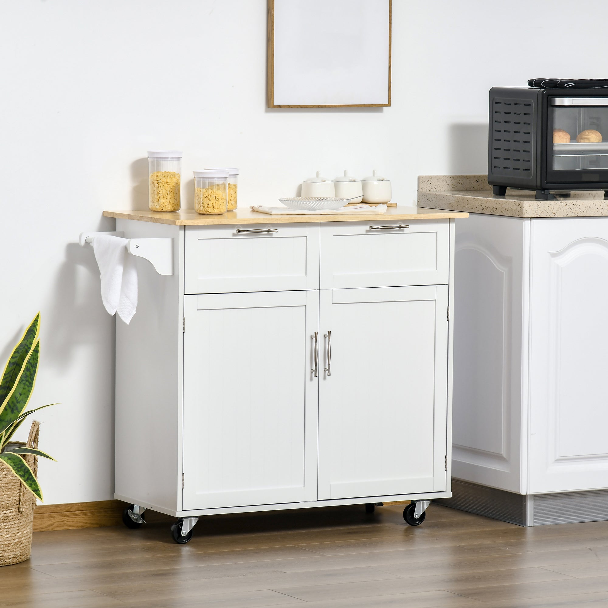 HOMCOM Modern Rolling Kitchen Island Storage Cart Utility Trolley with Rubberwood Top Two Drawers-White - North Peak Garden Furniture