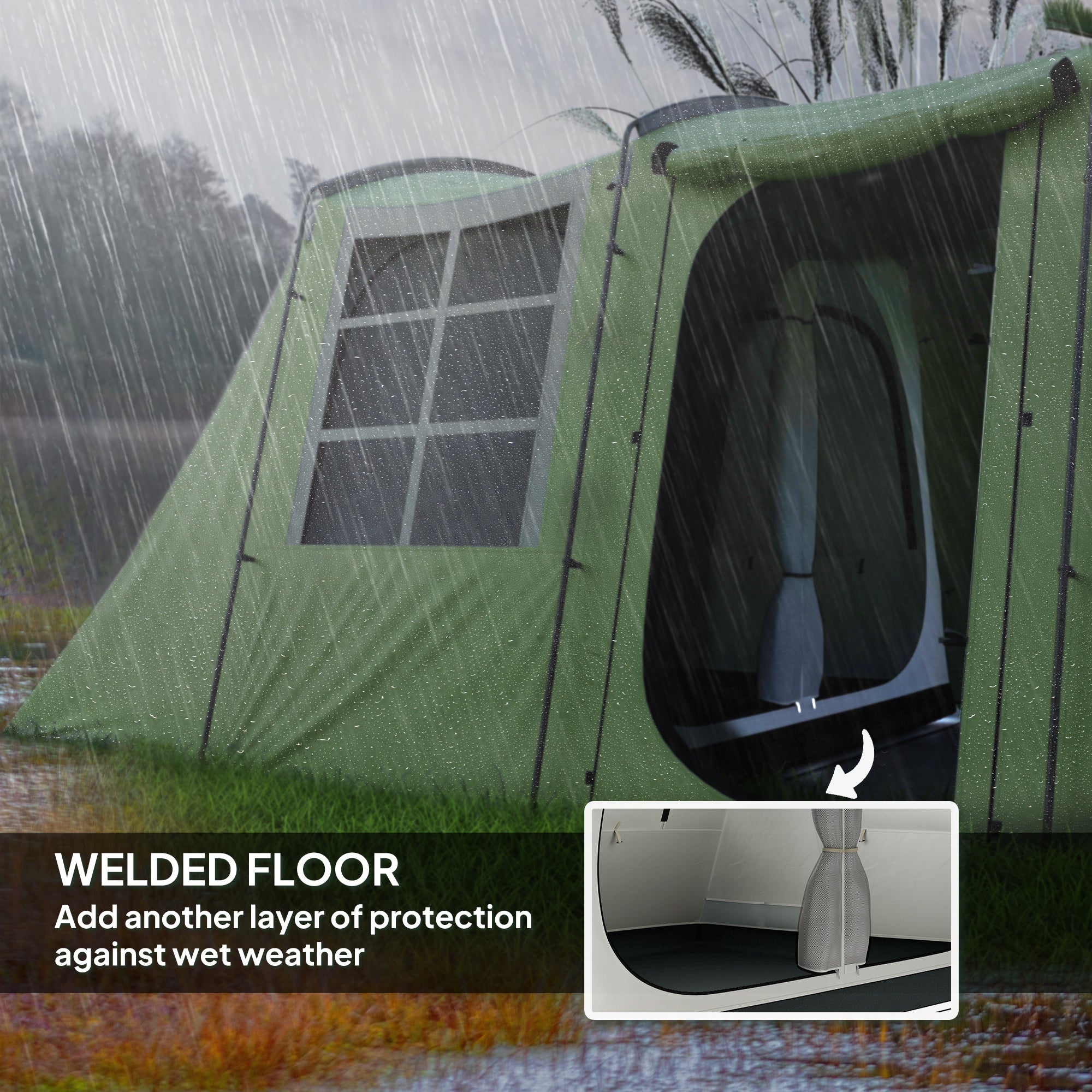 Outsunny 3-4 Man Tunnel Tent, Family Camping Tent with Porch, Bedroom and Living Area, Sewn in Groundsheet, 3000mm Waterproof, Portable with Bag for Hiking, Festival, Backpacking, Green - North Peak Garden Furniture