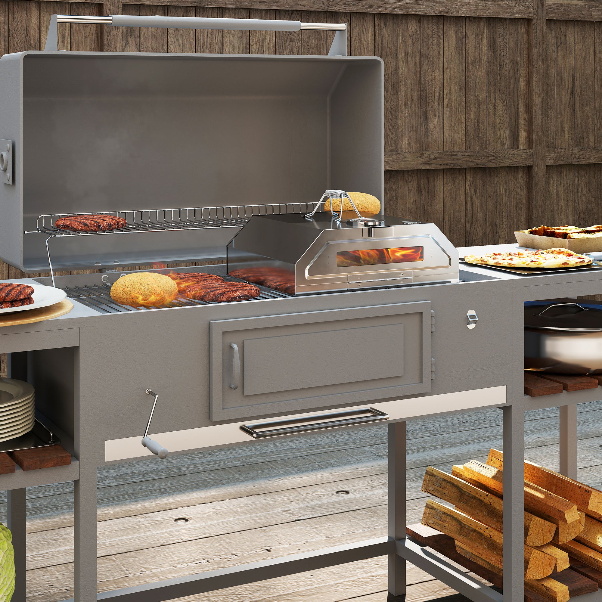 Outsunny 8 in Portable Stainless Steel BBQ Grill Top Pizza Oven with Built-in Thermometer and Viewing Window for Gas and Charcoal BBQ Grills, Includes Carry Handles, Pizza Stone and Peel, Silver Tone - North Peak Garden Furniture