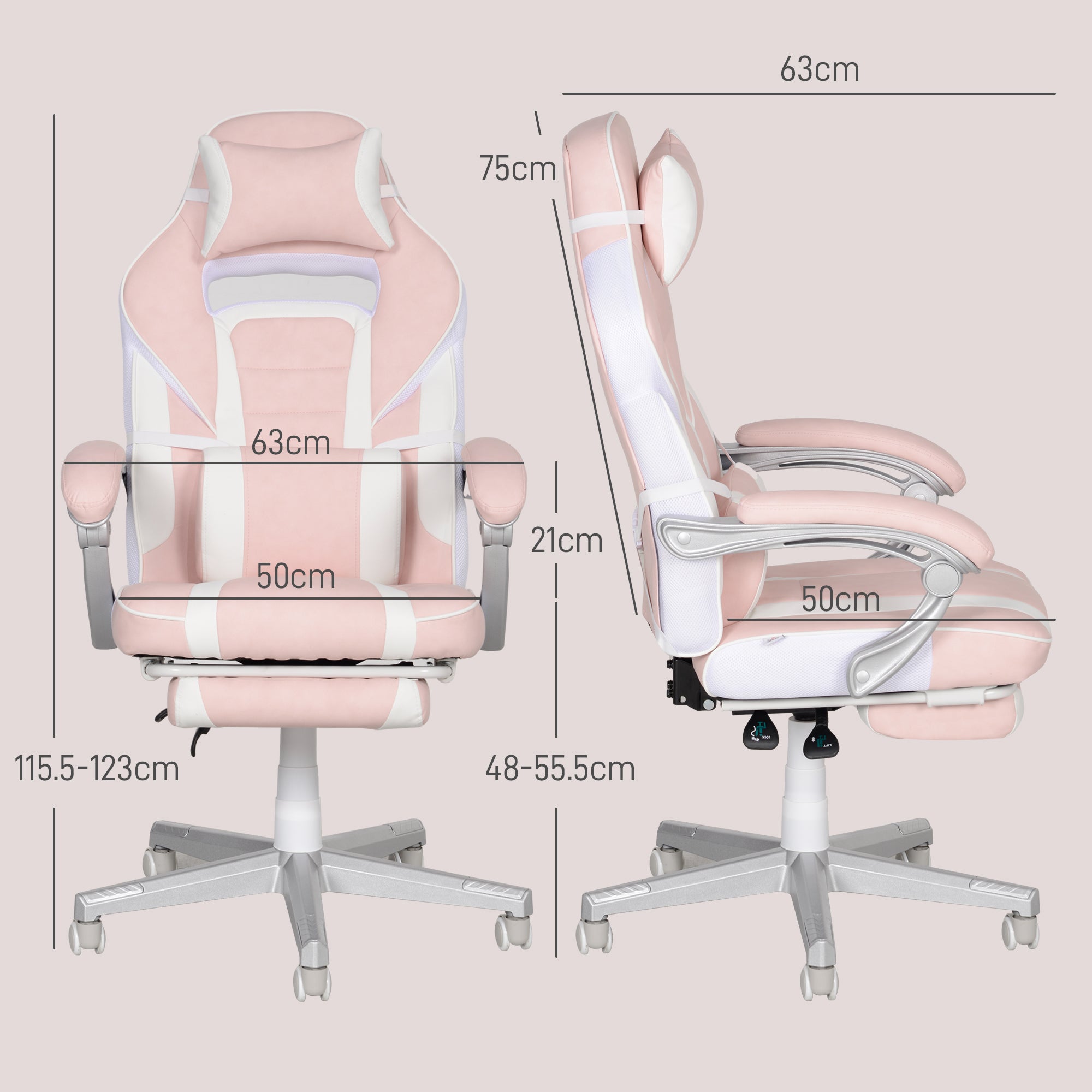 HOMCOM Faux Leather Reclining Gaming Chair, with Footrest - Pink/White - North Peak Garden Furniture
